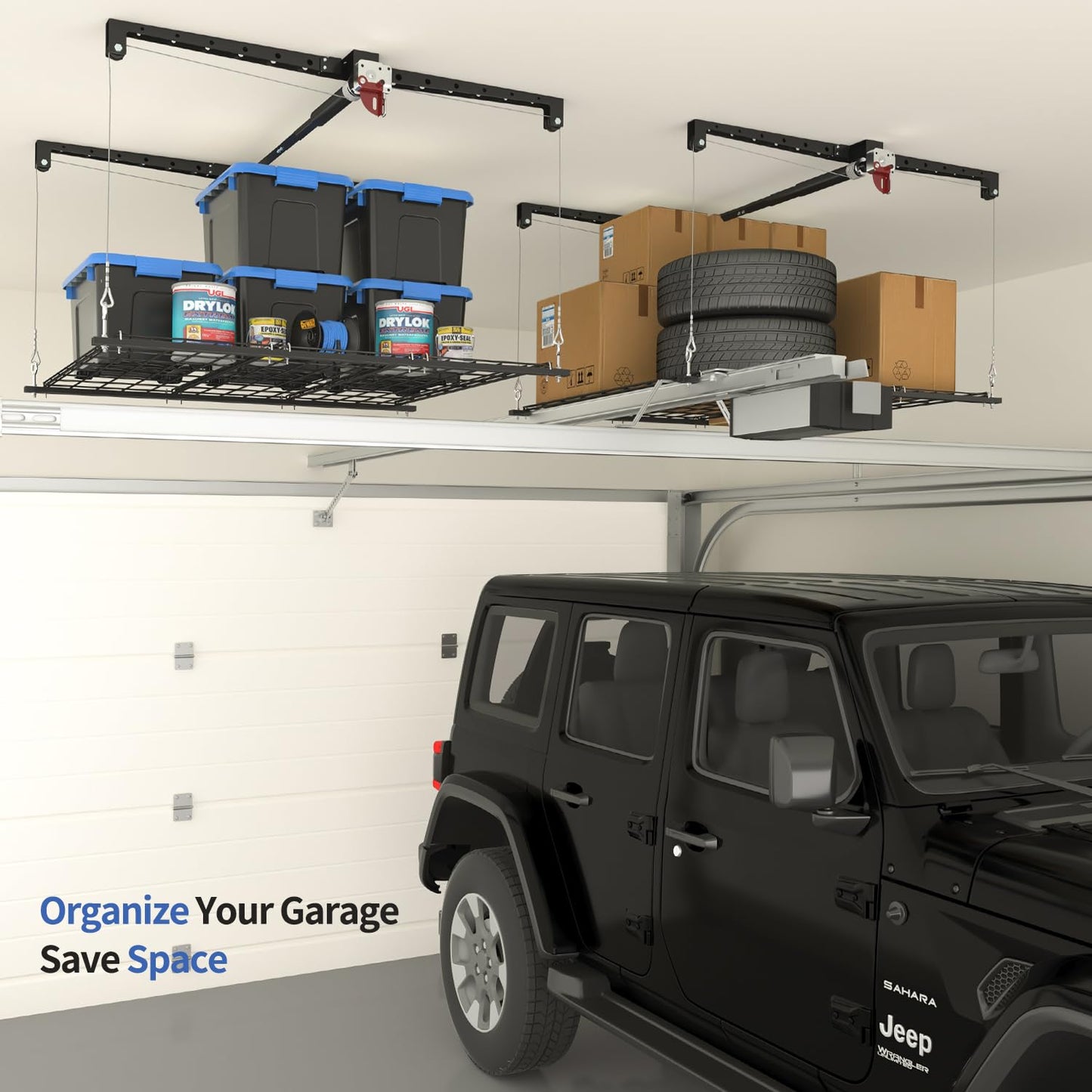 KOKORACKER Overhead Garage Storage Lift, Adjustable Heavy-duty 4x4 Ft Ceiling Racks with Safety Lock, Ideal for Storage Lifting Organization System, 250lbs Capacity