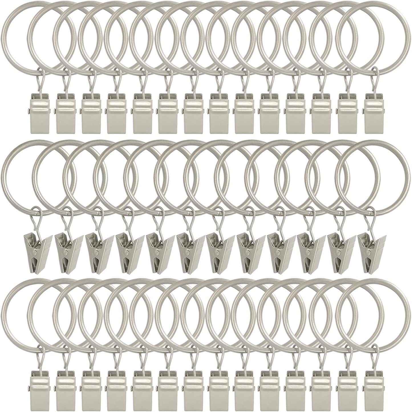 AMZSEVEN 40 Pack Curtain Rings with Clips, Drapery Clips with Rings, Drapes Rings 1.26 in Interior Diameter, Fits up to 1 in Curtain Rod, Matte Silver