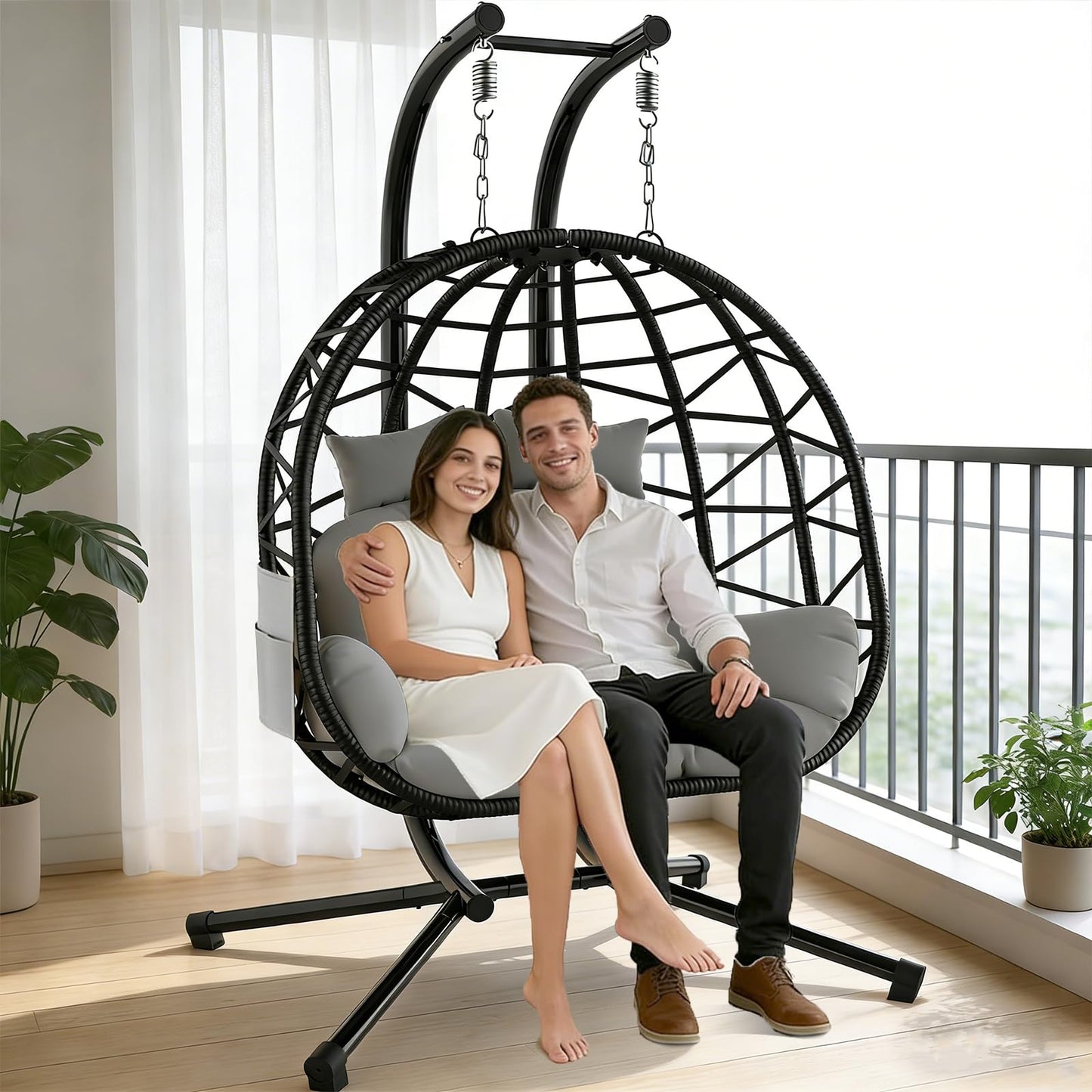 Suteck Double Hanging Egg Chair with Stand, Outdoor Indoor 2 Person Wicker Egg Swing Chair with Cushion, 700lbs Capacity for Patio, Bedroom, Garden - Black