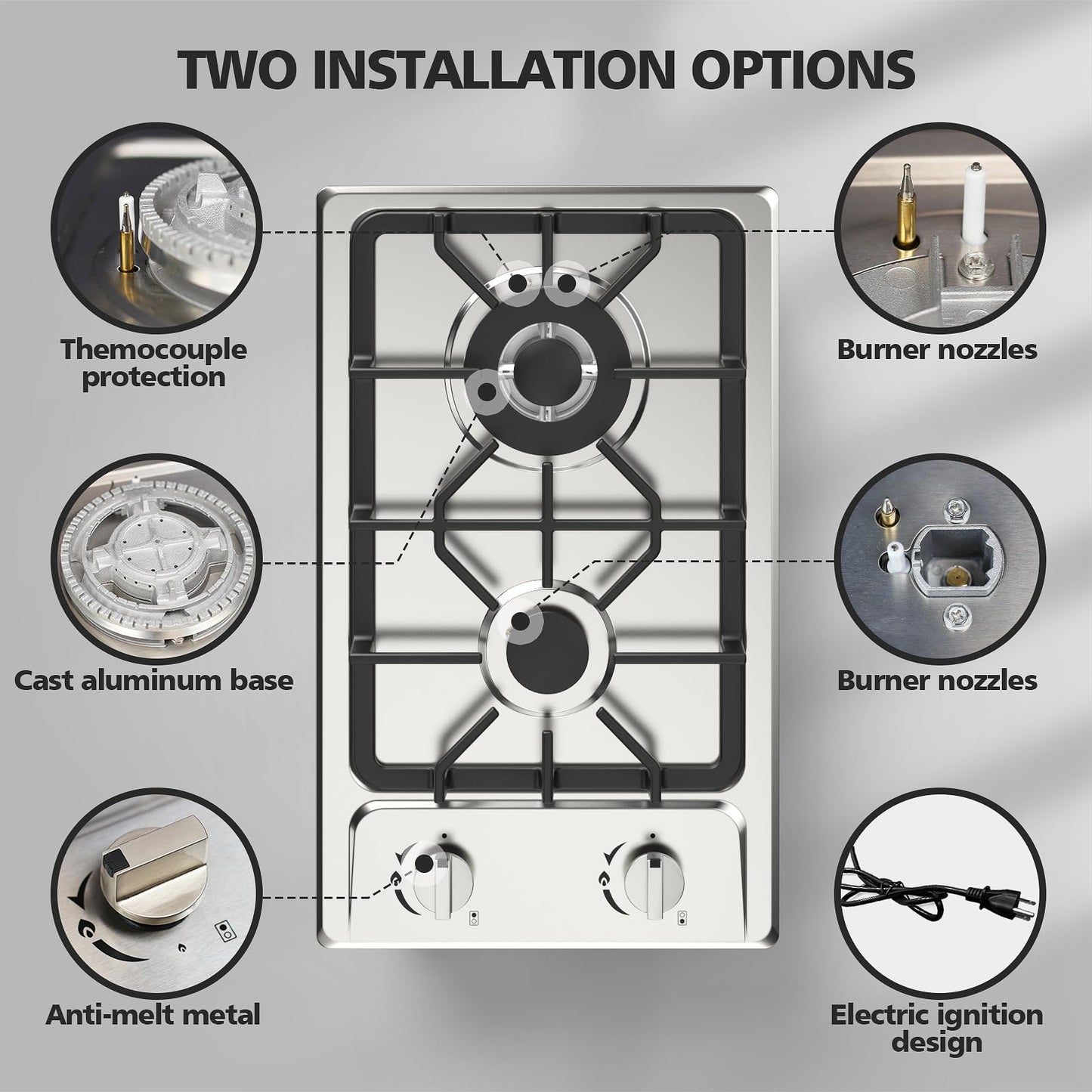 Gas Stove 2 Burner, Propane Cooktop 12 inch, Nafewin Portable Gas Cooktop Stainless Steel Stove Burner with Thermocouple Protection, Lpg/Ng Dual Fuel Built-in Hob for Apartments, Outdoor, Rvs