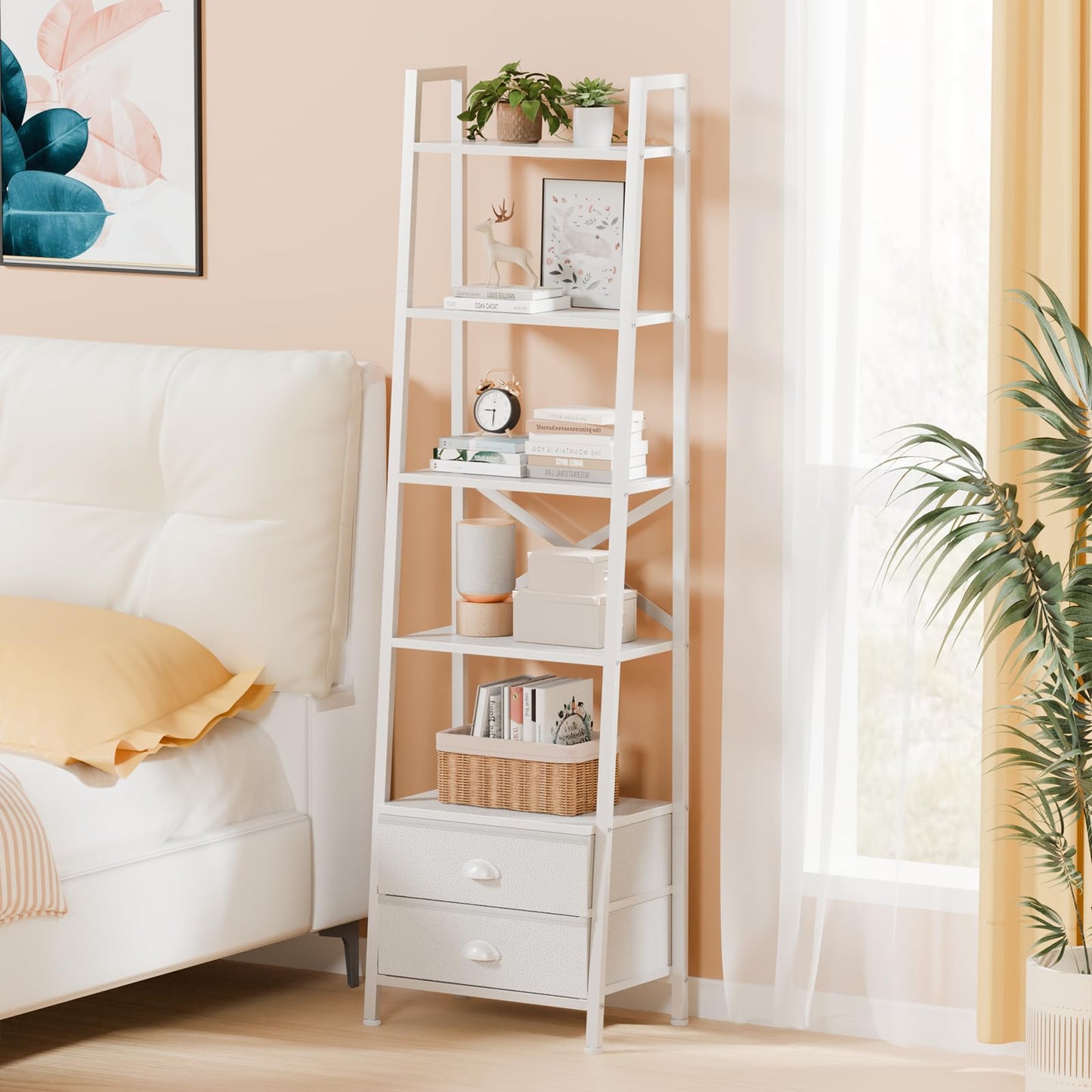 Furologee 5-Tier Ladder Shelf with 2 Drawers,Narrow Bookshelf Storage Shelves,Industrial Bookcase Freestanding Rack Units for Bedroom,Living Room,Bathroom,Home Office,Balcony,Wood Metal, White