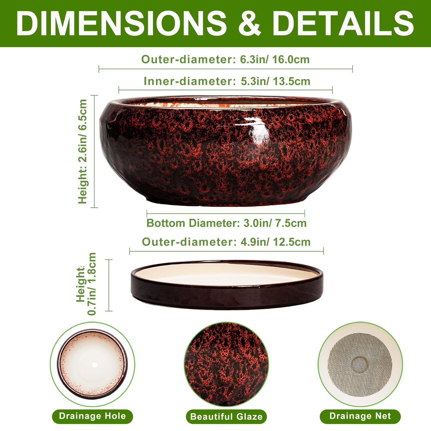 EPFamily Succulent Planters 6 Inch - Ceramic Bonsai Pots with Drainage Hole and Saucer, Small Bonsai Planter, Round Planter Bowl, Shallow Plant Pots Indoor, Room Decor, Gifts for Plant Lovers, Red