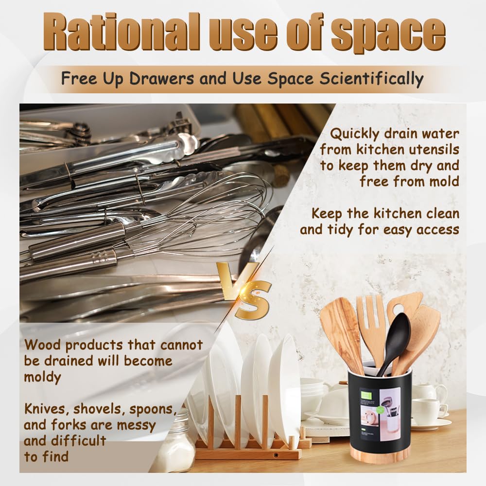 Tiosamd Kitchen Utensil Holder Tableware Storage Bucket, Spoon Chopsticks Fork Drain Rack Utensil Crock for Counter, Household 3-Format Tableware Drainer with Removable Divider and Wooden Base