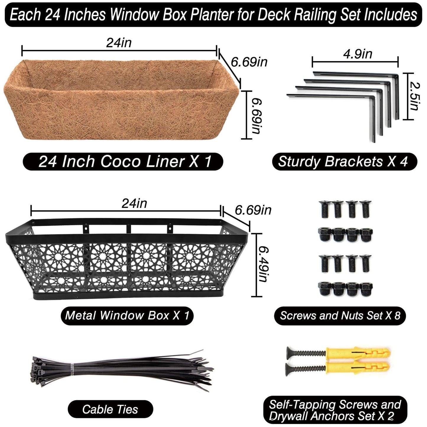 Halatool 24 Inch Window Boxes Planters, 2 Pack Sturdy Metal Deck Flower Railing Planter Box with Coco Liners for Indoor Outdoor Decor, Adjustable Rail Planter for Window Fence Porch Balcony Patio Lawn