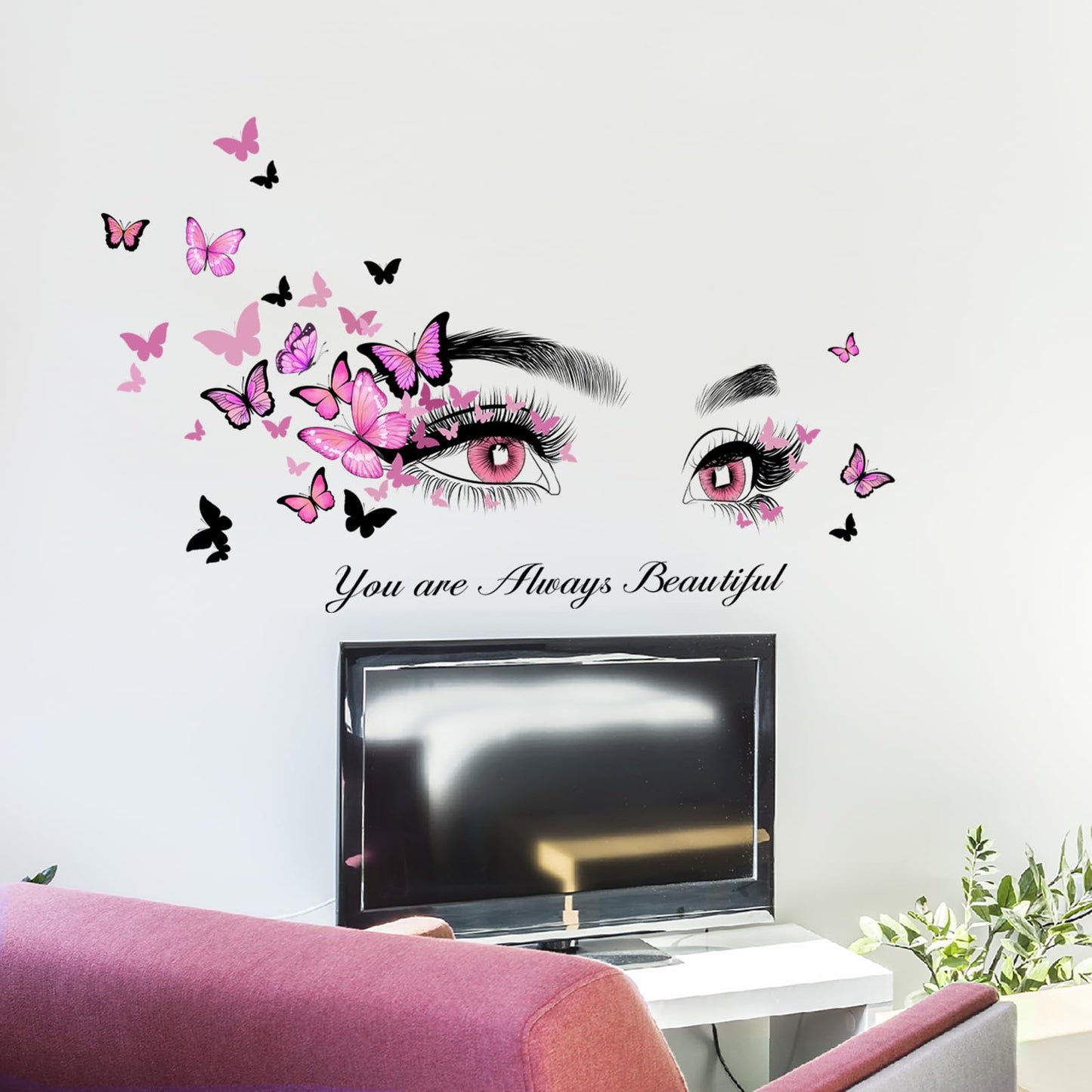 Beautiful Eyelash Eyes Wall Stickers Flying Butterfly Wall Decals You are Always Beautiful Quotes Wall-Decor Vinyl Art Butterflies Decor Stickers for Women Girls Bedroom Living Room Decor