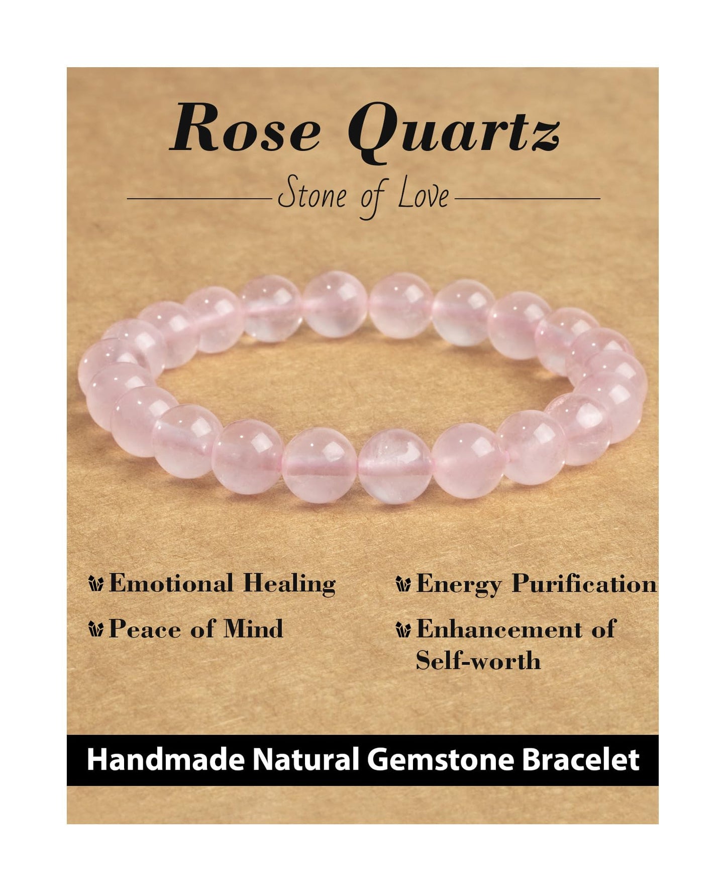 Landorilo Beaded Bracelet for Men Women, 8mm Natural Stone Rose Quartz Healing Crystal Stretch Bracelets, Ideal Christmas Birthday Jewelry Gifts with Energy Card，Replacement Beads Included