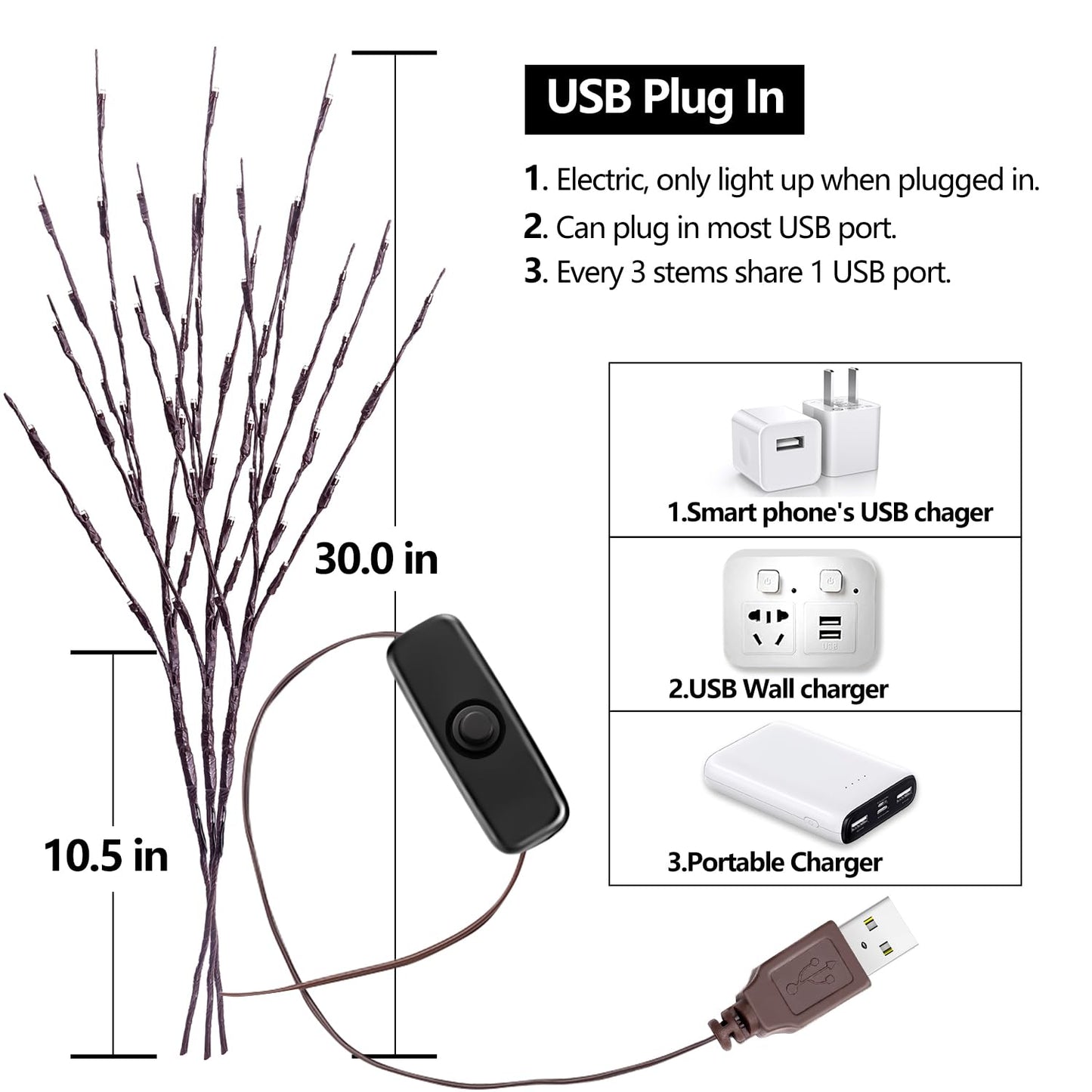 KXCOFTXI 3 Pack Twig Lights, Prelit Branches, USB Plug in Branches Lights with 60 LED Bulbs, Romantic Decorative Iights for Vase, Lighted Tree Branches for Indoor, Plug in Lighted Branches for Party