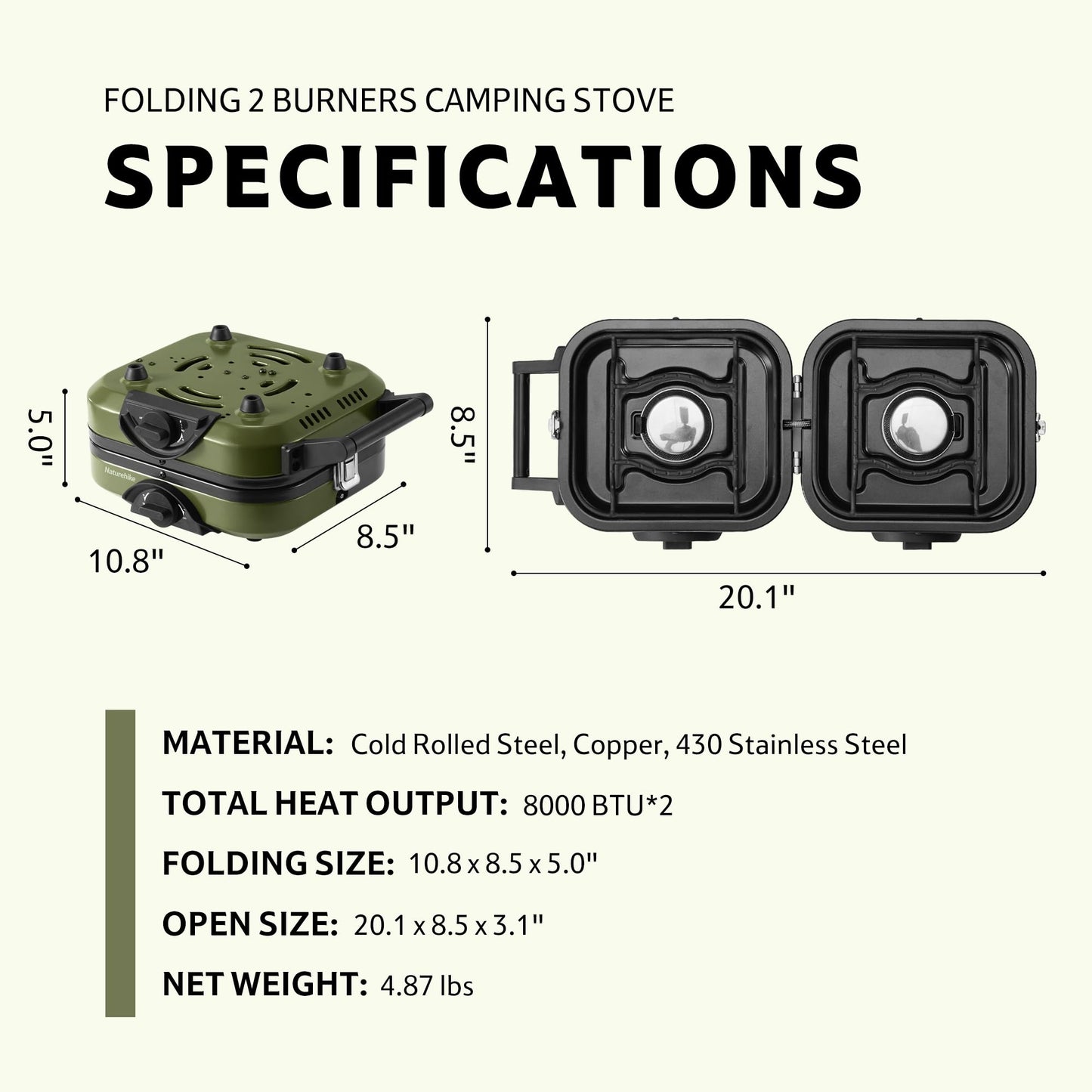 Naturehike 2 Burner Folding Camping Stove, Portable Propane Gas Stove with Carry Bag, 16000 BTU High-Performance Camp Stove with ETL Certification, Adjustable Burners & Piezo Ignition