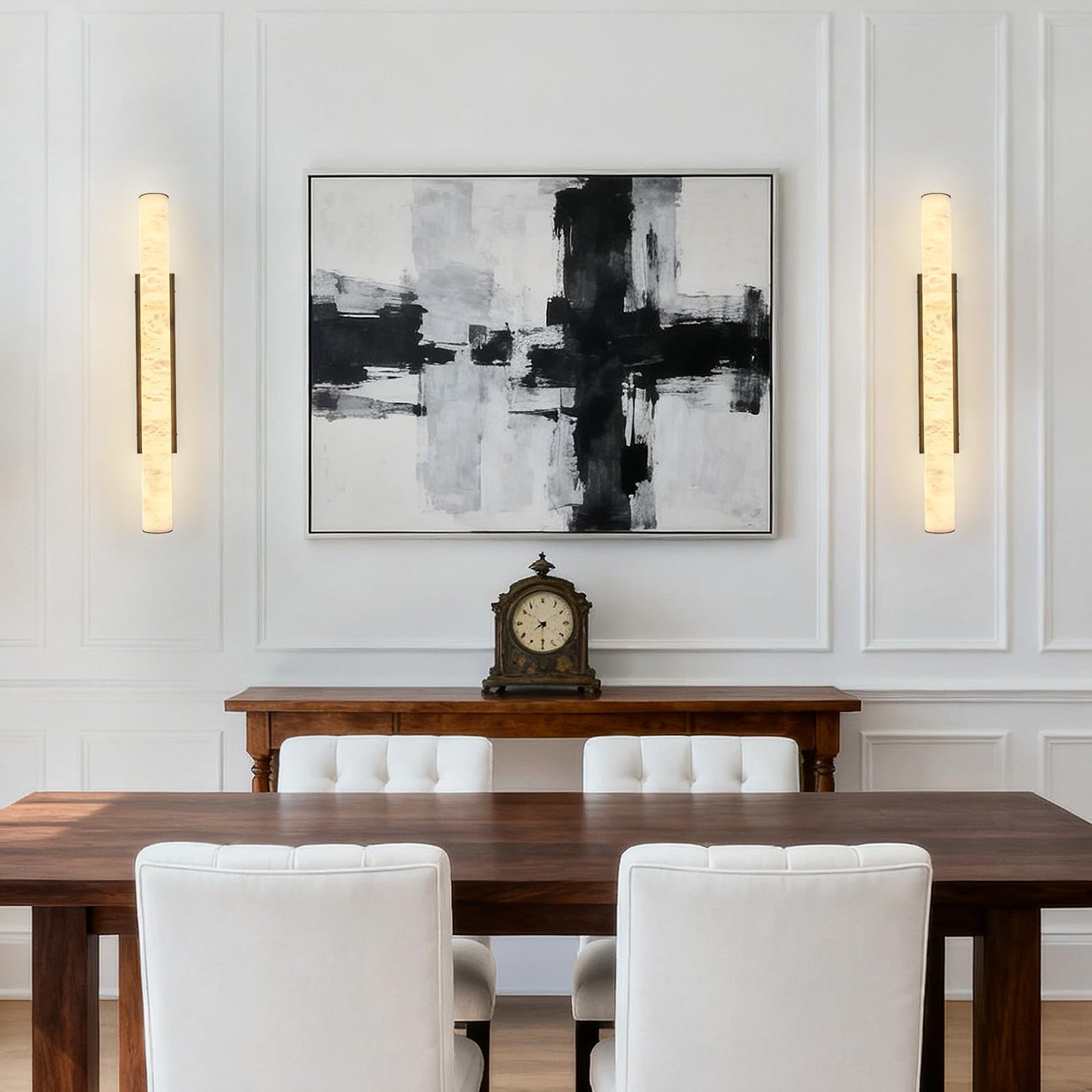 LMQNINE Natural Alabaster Wall Sconces Set of Two Spanish Marble Wall Light Cylinder Modern Black LED Sconce for Living Room Bedroom Bathroo Stairs（L-2Pack）