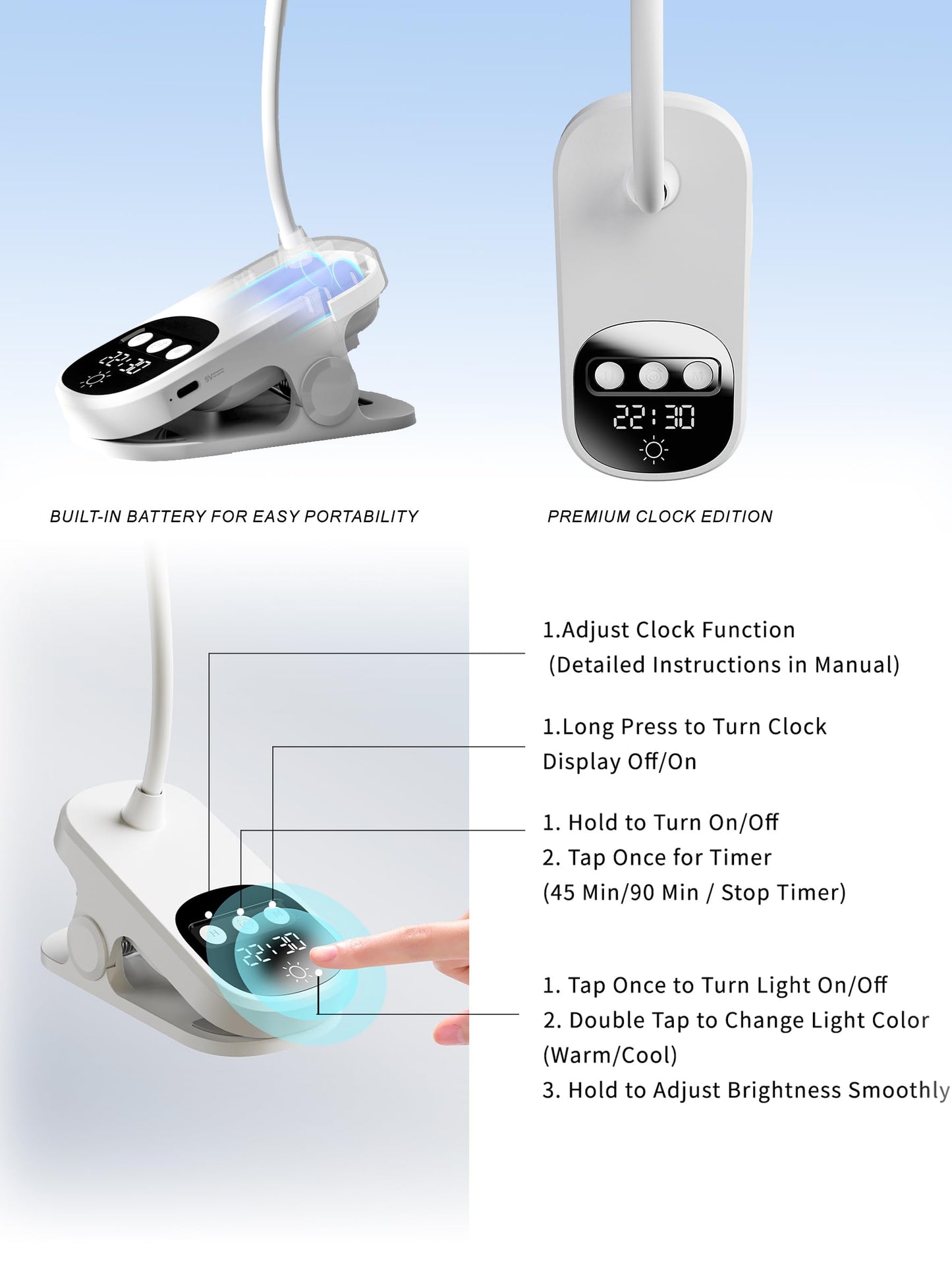 Wireless Clip on LED Desk Lamp, 1800mAh Rechargeable Eye-Caring Bedside Reading Light with Clock & Timer, 3 Color Temperatures 360° Rotatable for Dorm Room Home Office Camping Blackout (White)