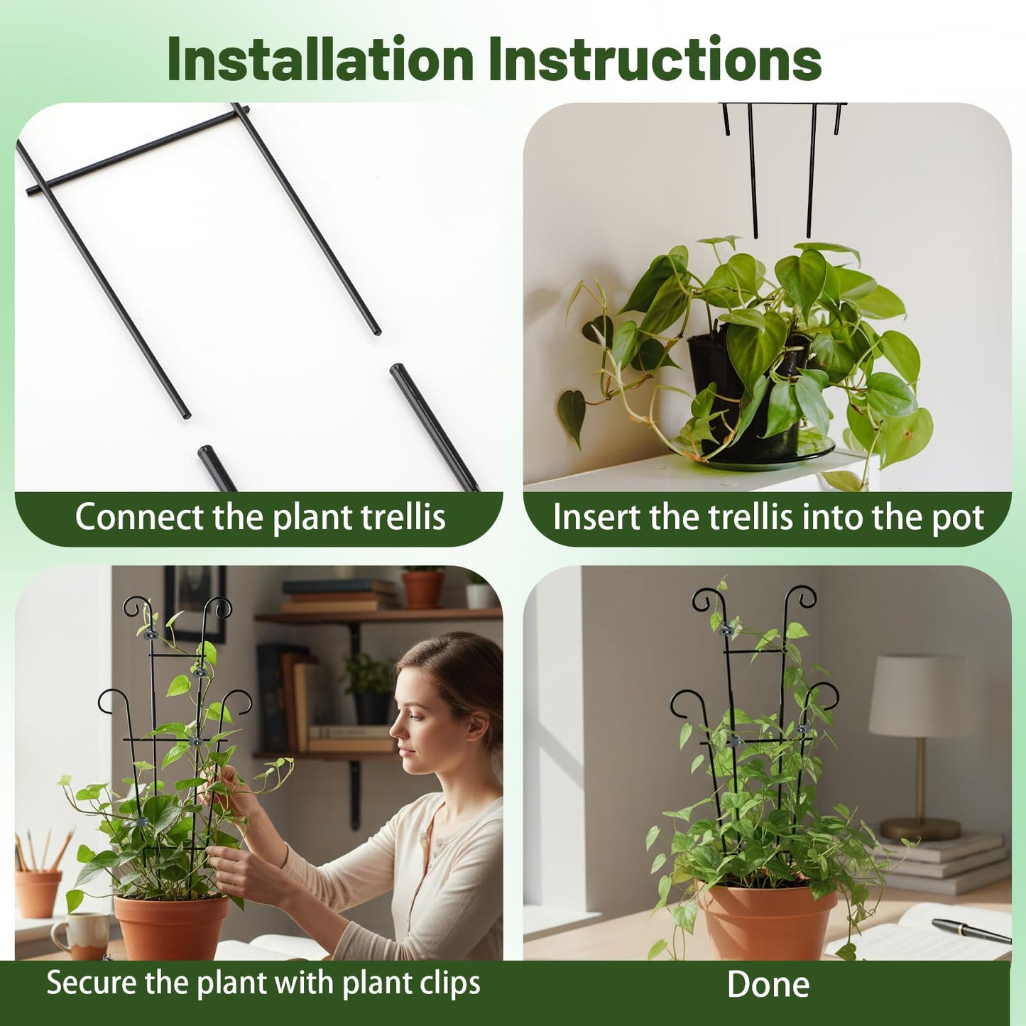 25.6 Inch Plant Trellis for Climbing Plants, 4 Pack Metal Garden Trellis for Potted Plants Indoor House Plant Climber Support Stakes with Plant Clips for Monstera Pothos Hoya Ivy Flower
