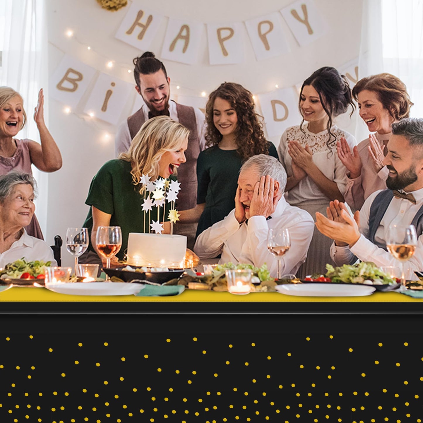3Pcs Black and Gold Tablecloth Party Decorations,Plastic Black Table Cloth Printed Gold Table Runner Disposable Rectangle Tables Cover for Birthday Retirement Anniversary Graduation Party,54 x108 Inch