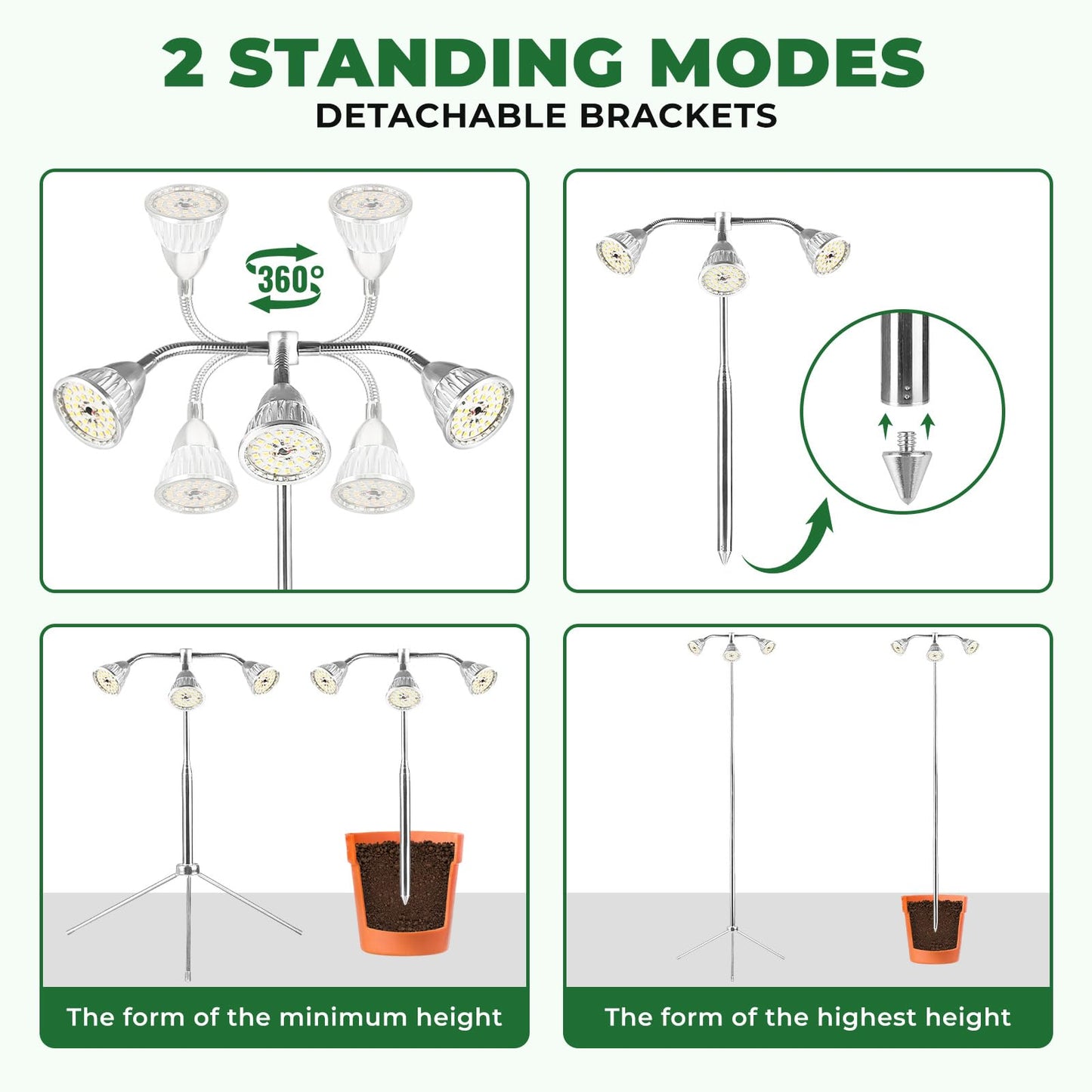 MEZHER Full Spectrum LED Grow Lights for Indoor Plants, 15-62" Height Adjustable with Aluminum Alloy Tripod &Auto On/Off Timer, Detachable Lamps, 3 Light Heads for Succulents, Seedlings, Herbs