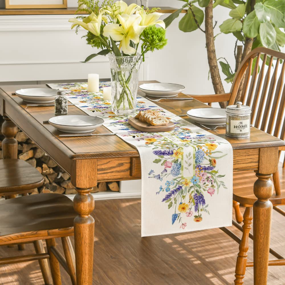Artoid Mode Bloom Flowers Florals Lavender Summer Table Runner, Seasonal Spring Holiday Kitchen Dining Table Decoration for Home Party Indoor 13x72 Inch