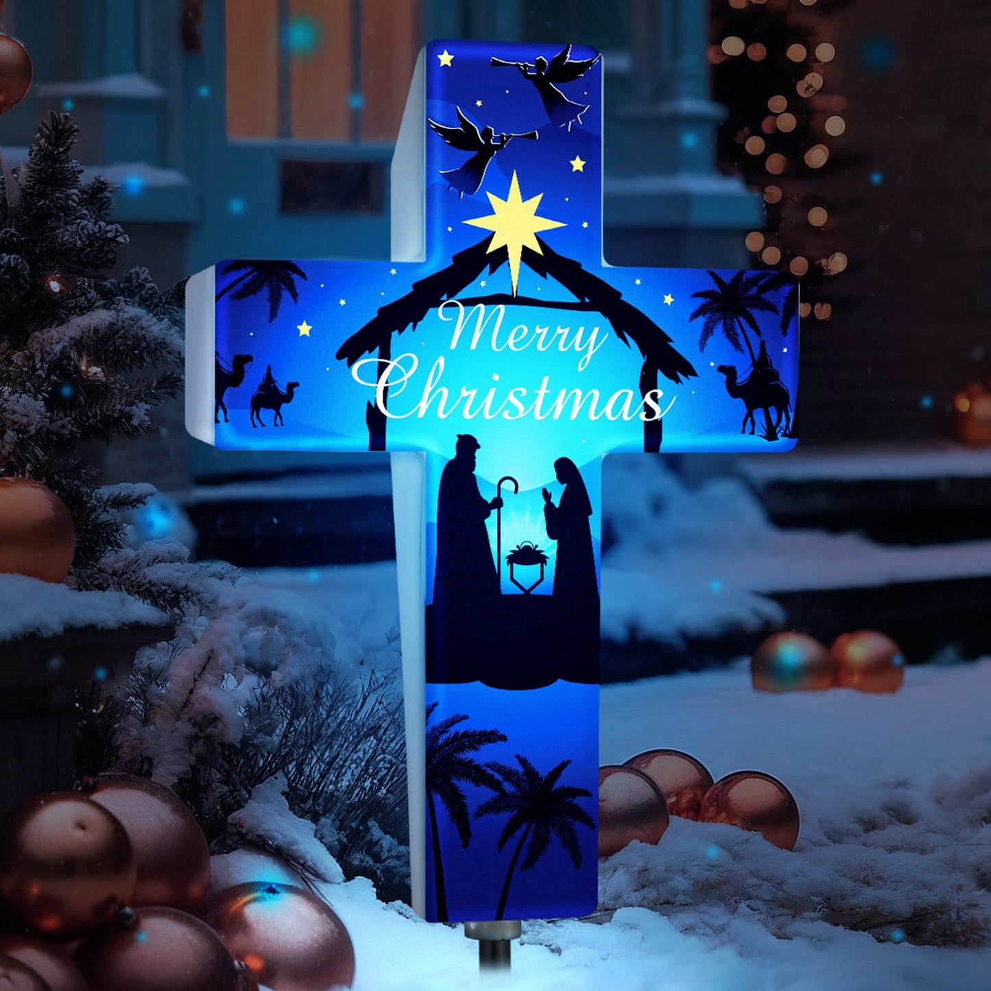 Yousoontic Christmas Garden Stake Solar Lighted Holy Night Outdoor Solar Religious Yard Decorations Light up Rustic Cross Stake Decor for Patio Yard Decoration (Merry Christmas)