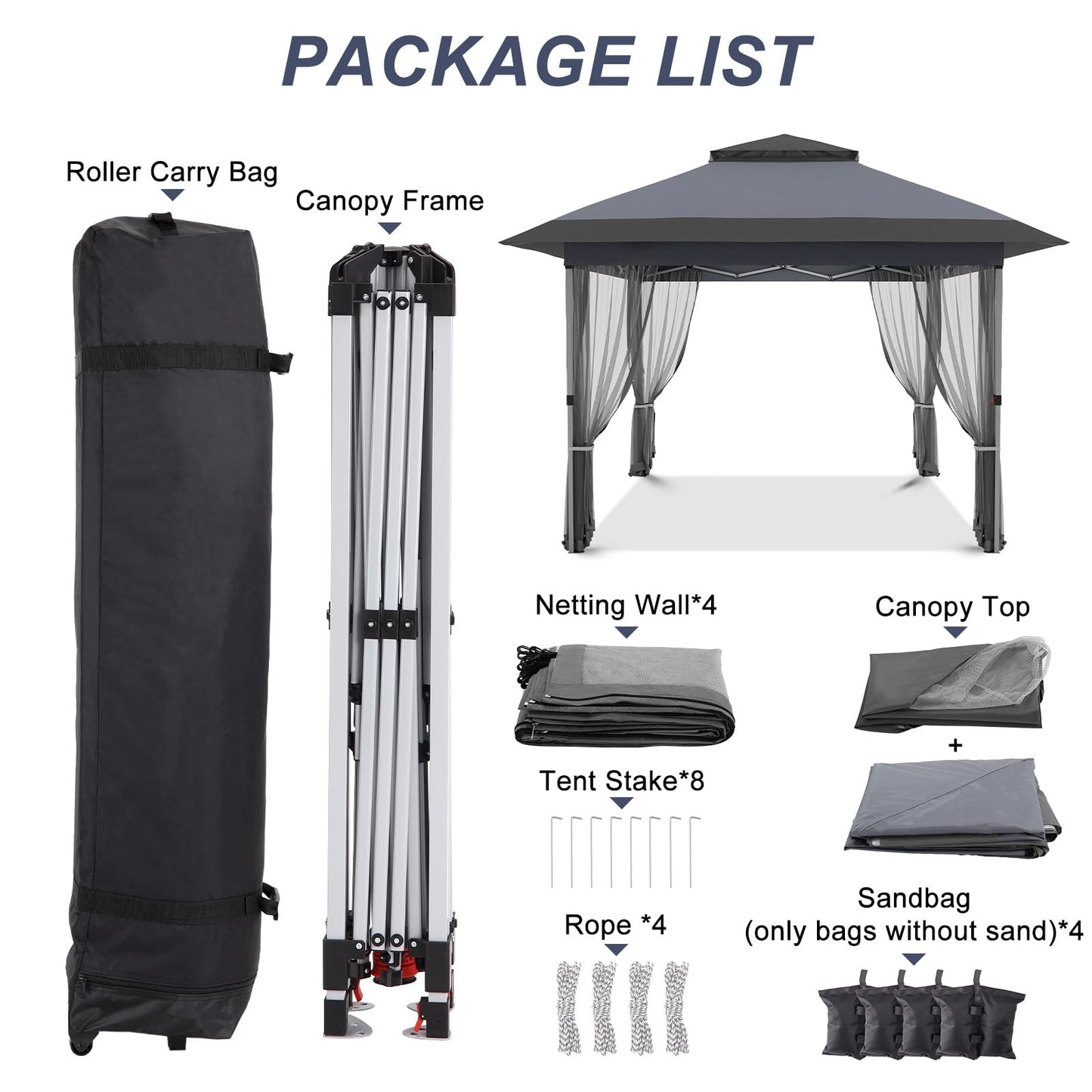 Garvee 12x12 Gazebo, Instant Outdoor Canopy Tent with Mosquito Netting, Screen Tent with 4 Ropes, 8 Stakes, 4 Sandbags and Wheeled Storage Bag, Shelter Canopy for Patio Garden Backyard, Gray