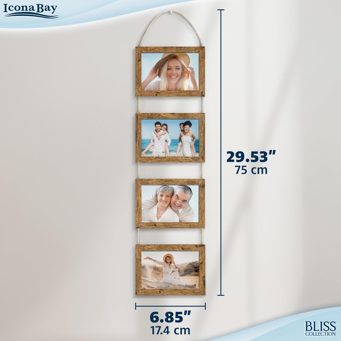 Icona Bay - 4x6 Wall Hanging Picture Frames Collage with 4 Openings - Rustic Brown - Casual Style Engineered Wood Frames - Wall Mount Only - Bliss Collection