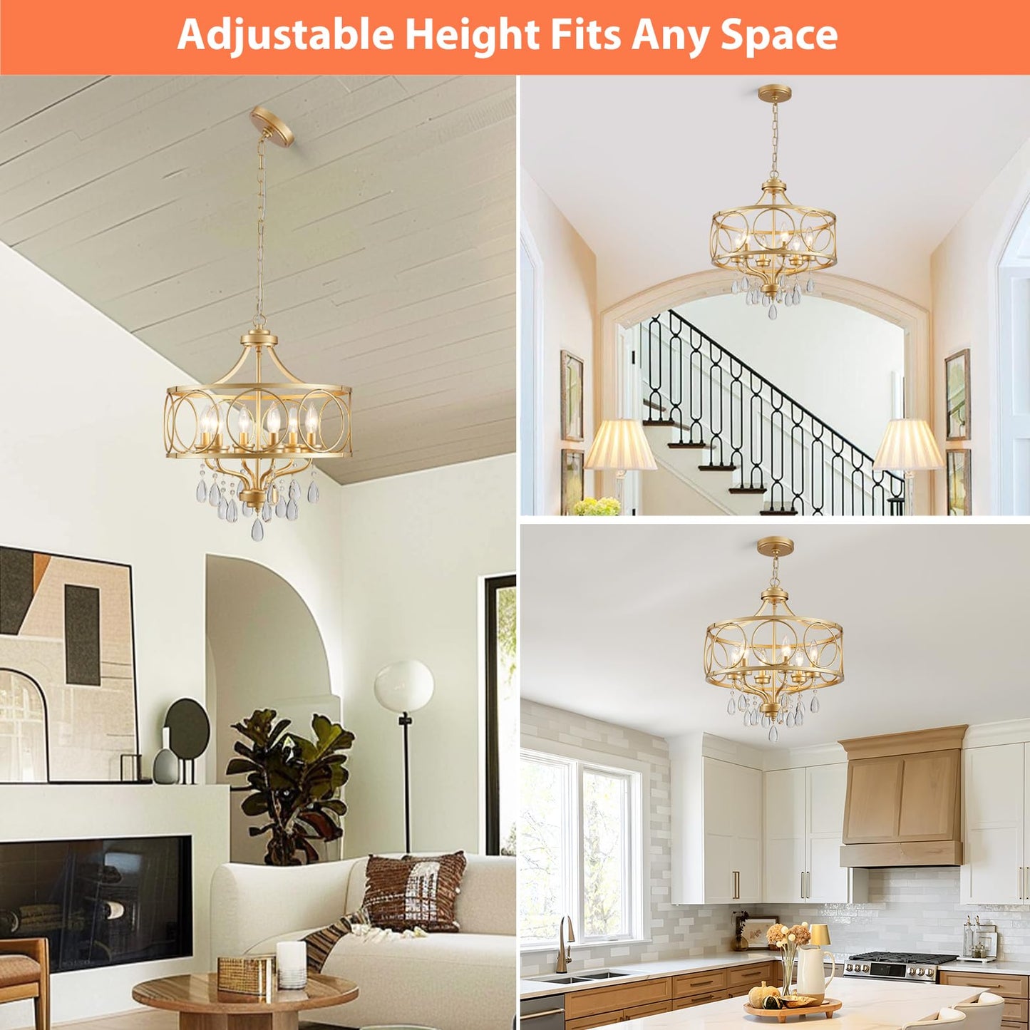 Majhoiw 6-Light Modern Gold Crystal Chandelier, 17.7" Farmhouse Ceiling Light Fixture, Hanging Metal Pendant Lights Kitchen Island Dining Room Entryway Foyer