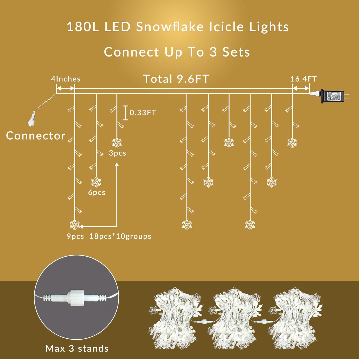 FESTIA Snowflake Curtain Icicle Christmas Lights -180 LED Warm White (≈3000K), 26.4ft Icicle Mini Lights, IP44 Waterproof,8 Modes Memory Function, Connectable Outdoor & Indoor Christmas Decorations