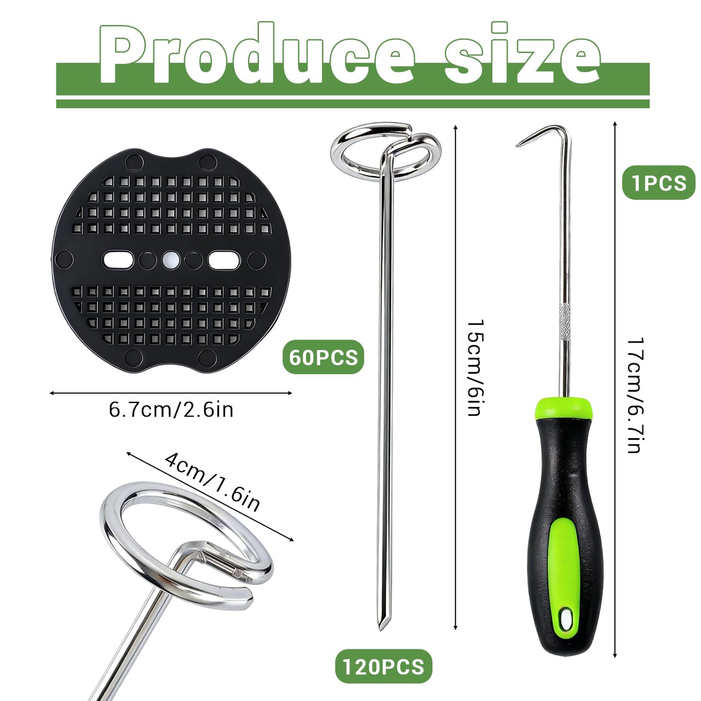 120Pcs Landscape Fabric Pins, Weed Barrier Stakes with 60Pcs Gaskets, 1Pcs Pick Hook, 6 Inch Landscape Stakes for Plant Cover, Tent, Weed Barrier Fabric, Turf and Outdoor Decoration