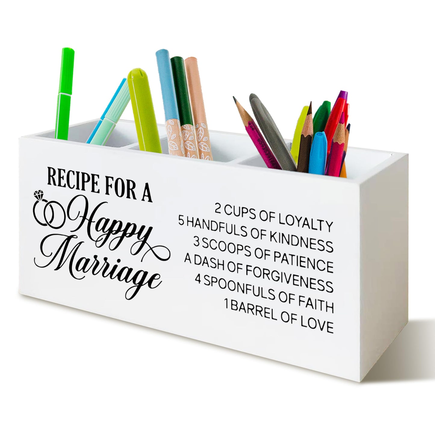 YTRGI Wedding Gifts for Newlyweds Couples Bride Groom Pen Pencil Holder Organizer for Desk, Just Married Gifts, Recipe for a Happy Marriage Wooden Box Block Sign for Home Tabletop Decor