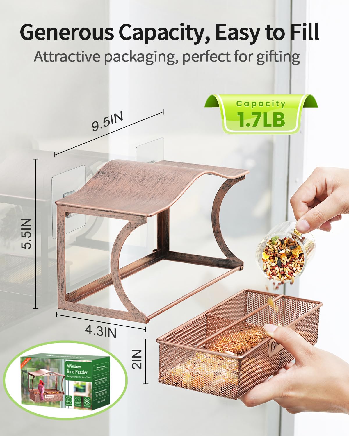 Window Bird Feeder, Metal - with Strong Suction Cups, Large Outdoor for Viewing Bird Watching Gift (Curved)