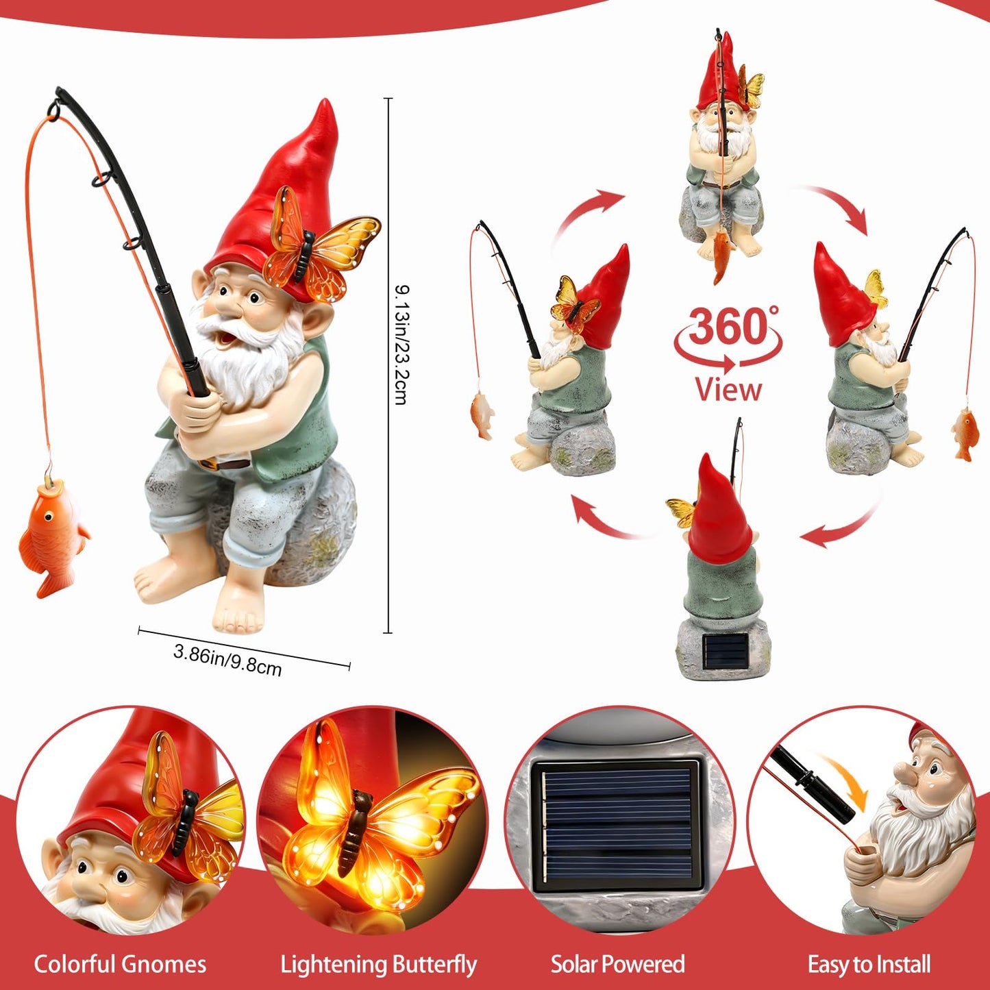 Solar Garden Gnome Statues, Outdoor Fishing Gnome with Butterfly Solar Lights Waterproof, Birthday Gifts for Mom Women Mother's Day, Garden Figurines for Yard Decor Patio Porch Lawn Ornaments