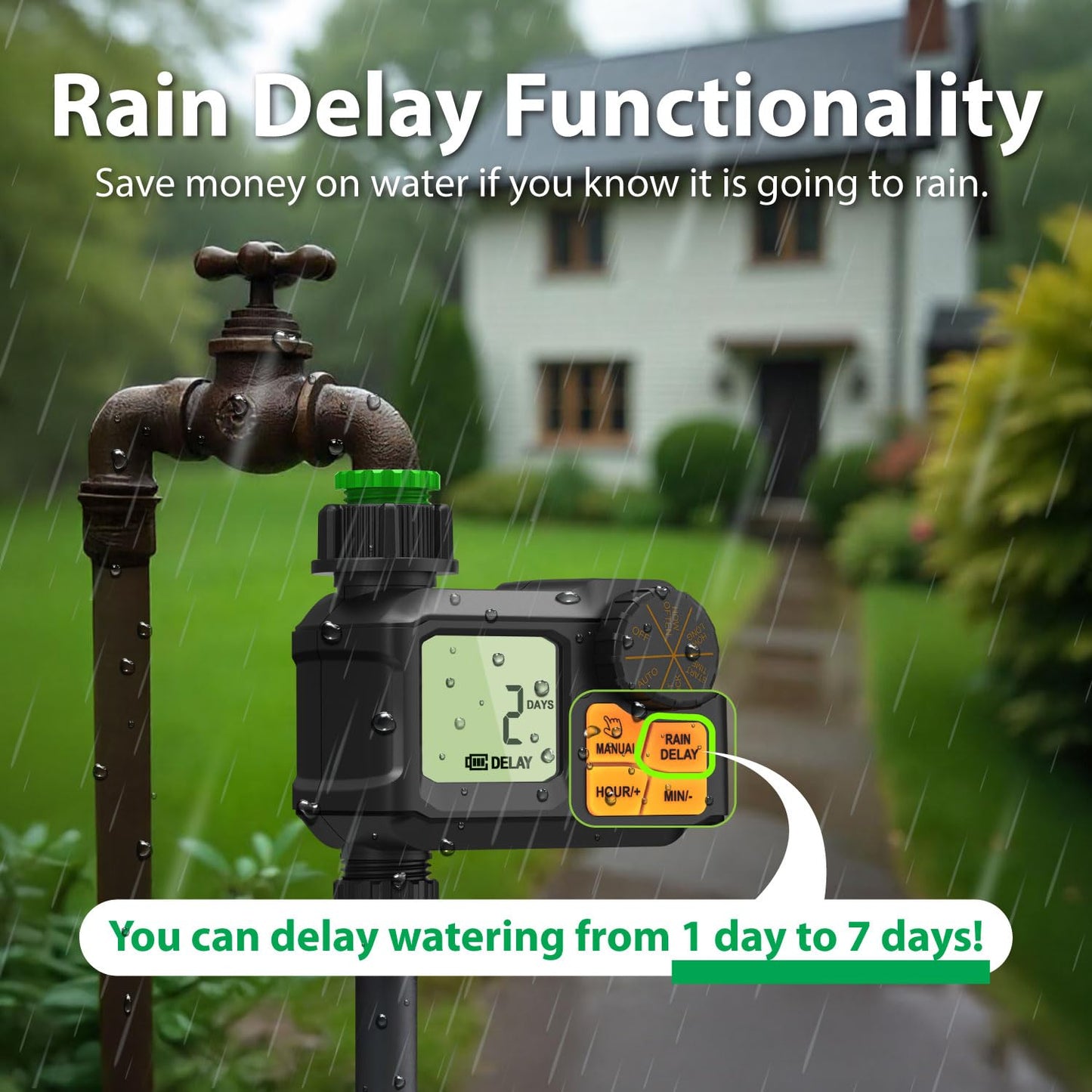Garnen Sprinkler Timer, Garden Water Hose Faucet Timer, 1 min-7 Days Programmable with Rain Delay/Manual/Automatic Watering Controller System, Digital Drip Irrigation for Yard, Lawn, 1 Outlet