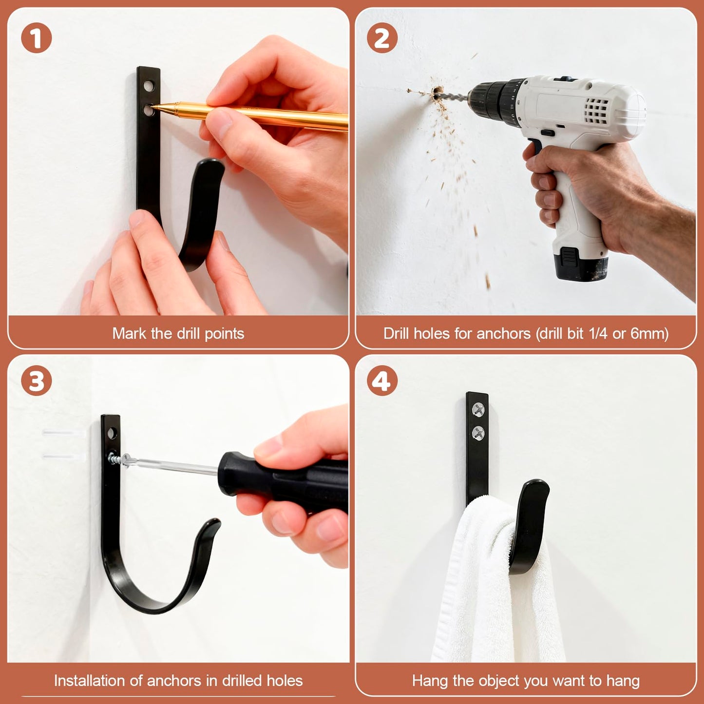 Wall Hooks for Hanging, Large Coat Hooks Wall Mount, Heavy Duty Screw in Metal Hooks for Wall (22LB), Towel Hooks for Bathrooms, Door, Mudroom, Backpack, Clothes, Closet, Purses, Black, 4 Pack