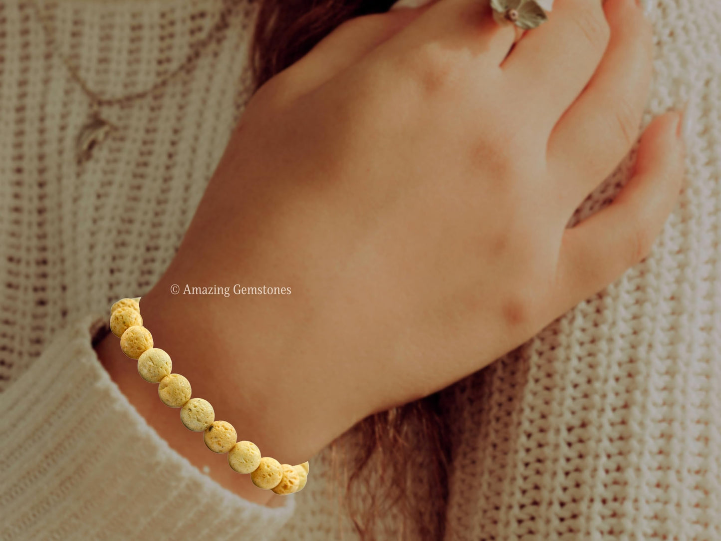 Amazing Gemstone Crystal Bracelet for Women Men's Gifts - Protection Healing Crystal Bracelet - 8mm Gemstone Beaded Stretchable Bracelet Pulseras Para Hombres Mujer Stocking Stuffers Mothers Day Gift (Cream Lava)