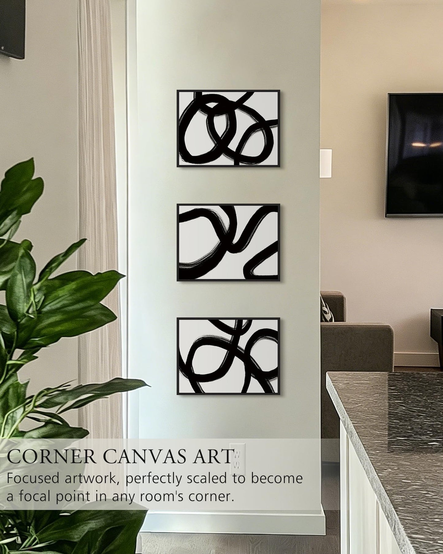 KUVIOKE Black and Grey Abstract Framed Wall Art Ink Wash Minimalist Lines Painting Artwork for Bedroom Hallway 12x16in (Black Framed)