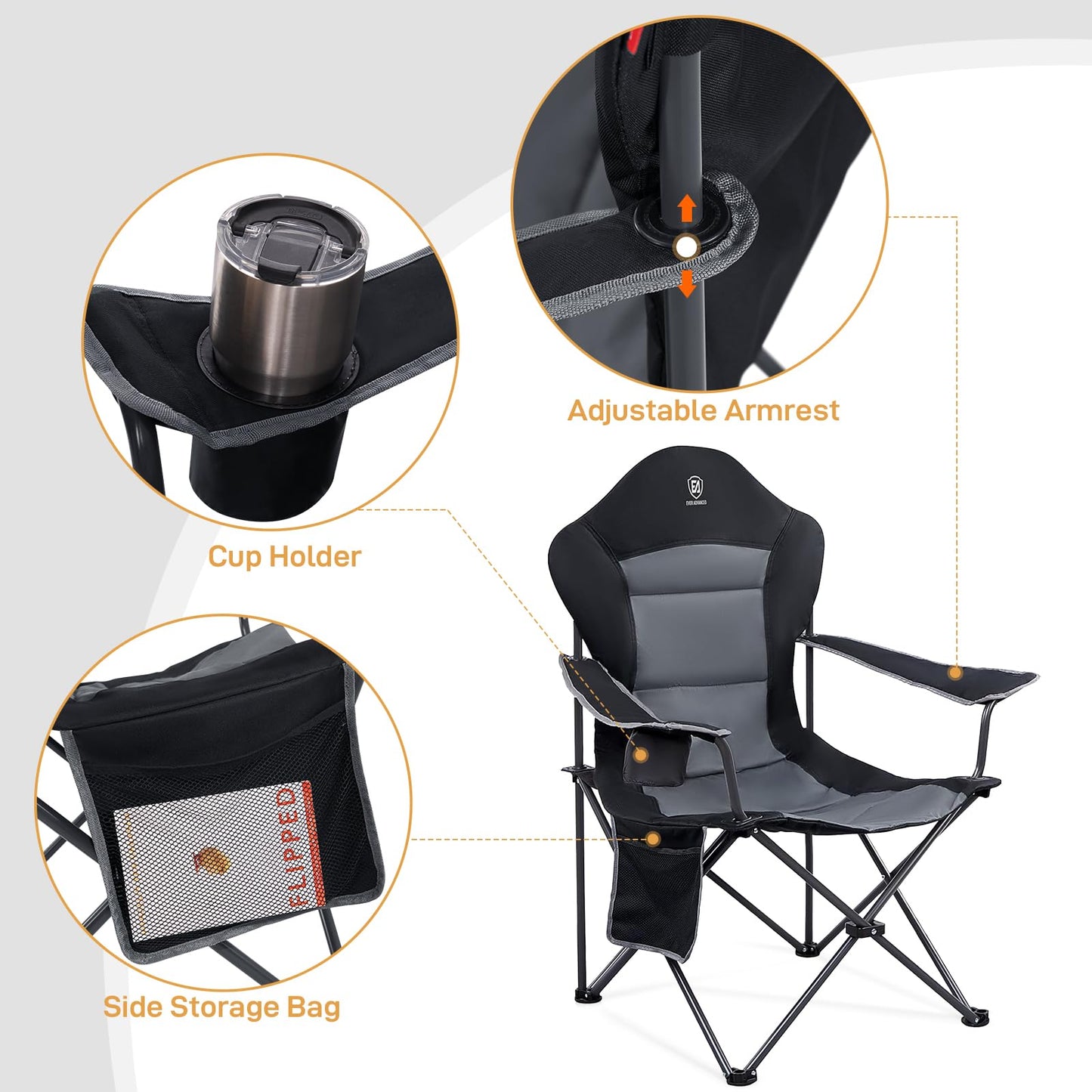 EVER ADVANCED Folding Camping Chair with High Back Padded 2 Pack Oversized Portable Lawn Chairs Lightweight Sturdy Steel Foldable Outdoor Camp Chair for Adults, Black