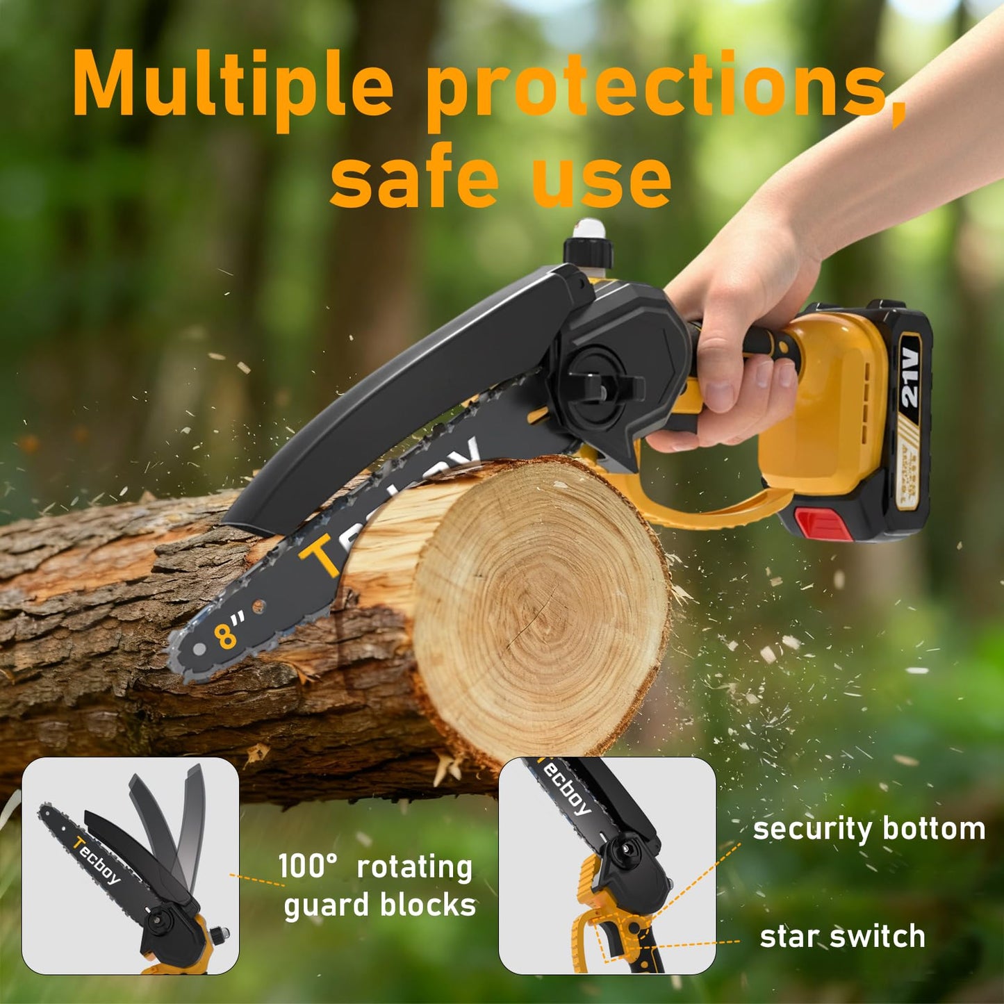 8 Inch Mini Electric Chainsaw Cordless, 6 Inch Portable Chain Saw for Makita 18V Battery Powered Saws Small HandHeld Saw with 2 Batteries Yard Tool Tree Trimming Wood Cutting Gifts Men Dad(GoldYellow)