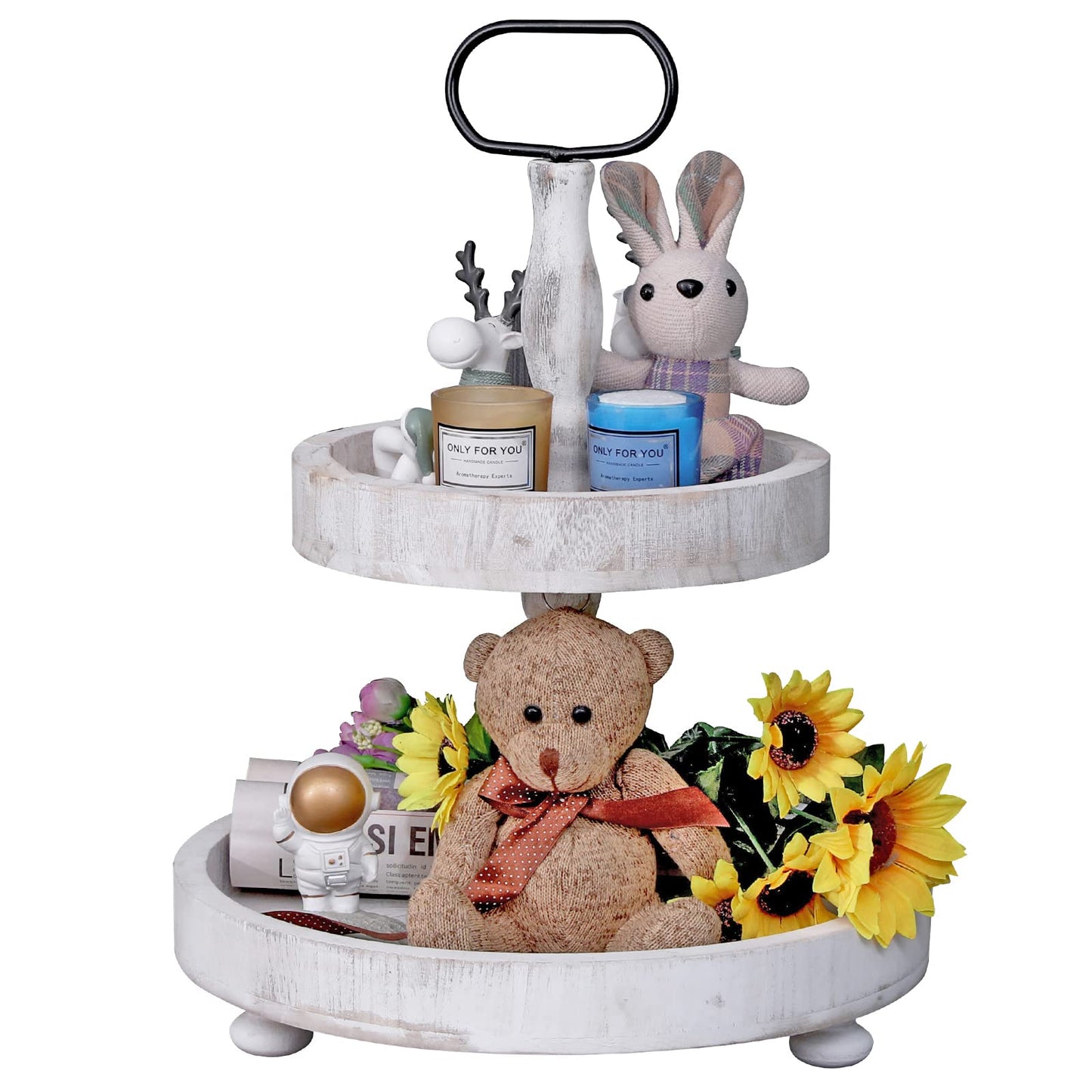 2 Tier Tray Rustic Cake Stand Farmhouse Kitchen Decor Centerpiece,Farmhouse Serving Tray with Handle for Coffee Bar