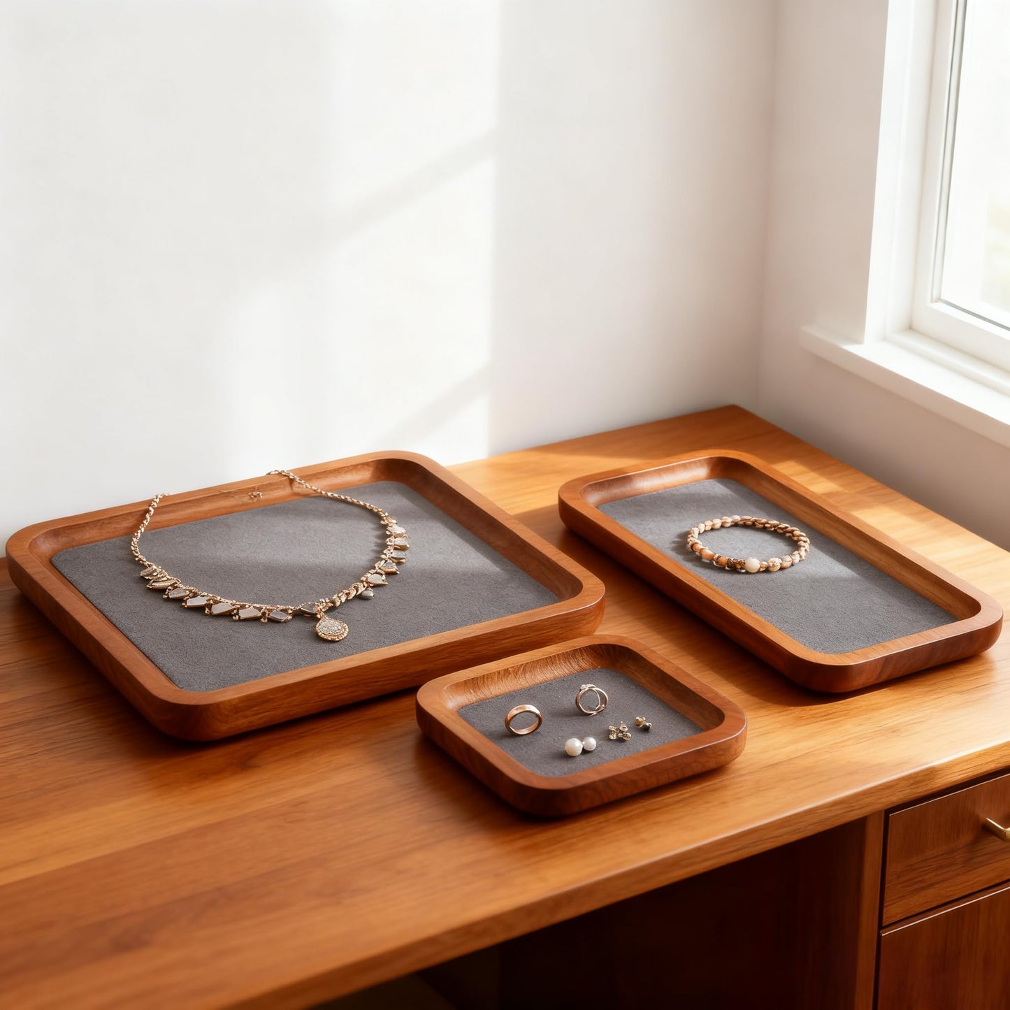 YUQIN Wooden Jewelry Display Tray Rounded Rectangle Ring Showcase Stackable Elegant Bracelet Watch Jewelry Organizer for Personal Use and Commerce (Gray, Large-W 7'' x H 0.6'' x L 7.9'')