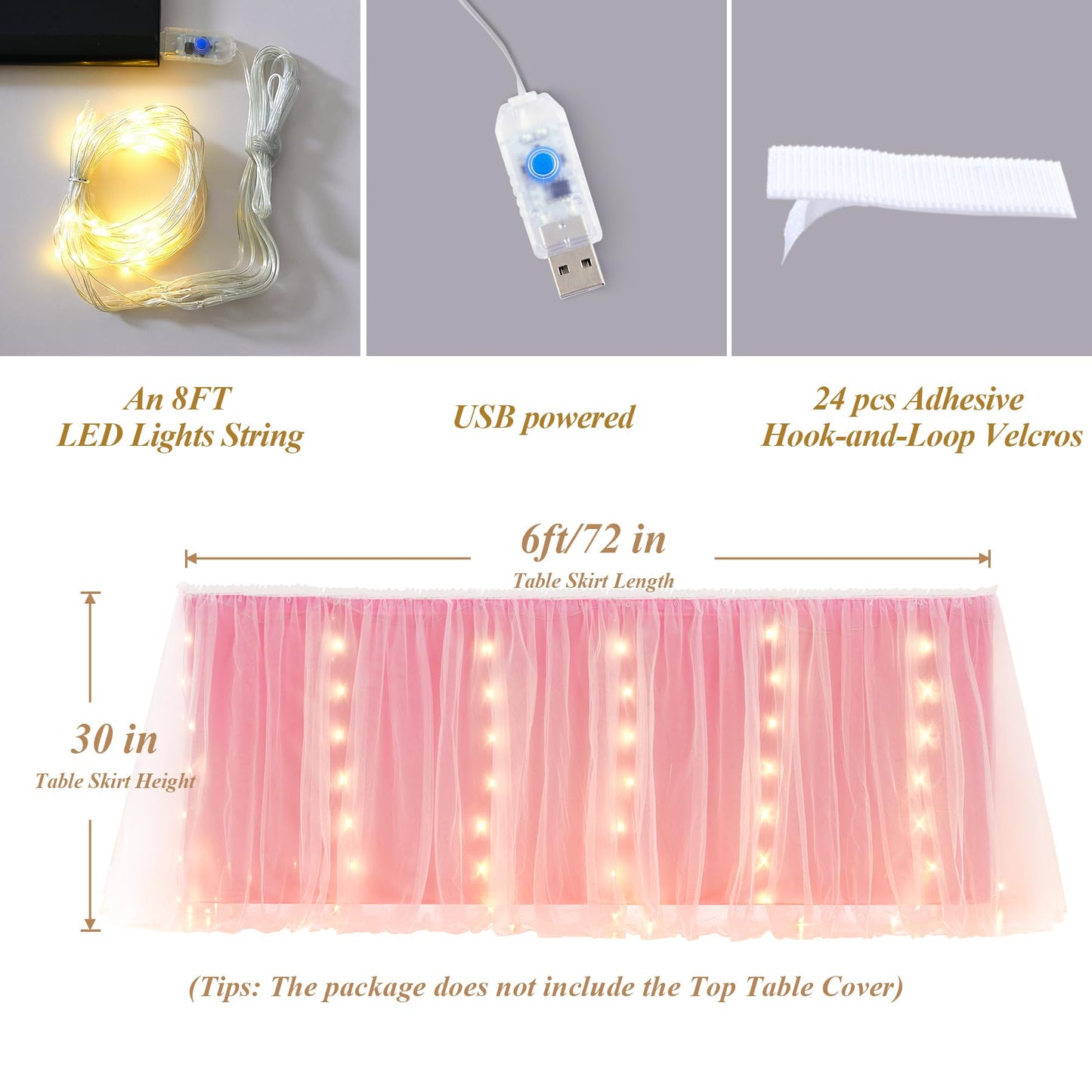 6FT Pink Tulle Table Skirt with LED Lights 2-Layer Ruffle Tulle Tutu Cloth Desk Table Skirt for Birthday Party Baby Shower Wedding Banquet Cake Dessert Decorations