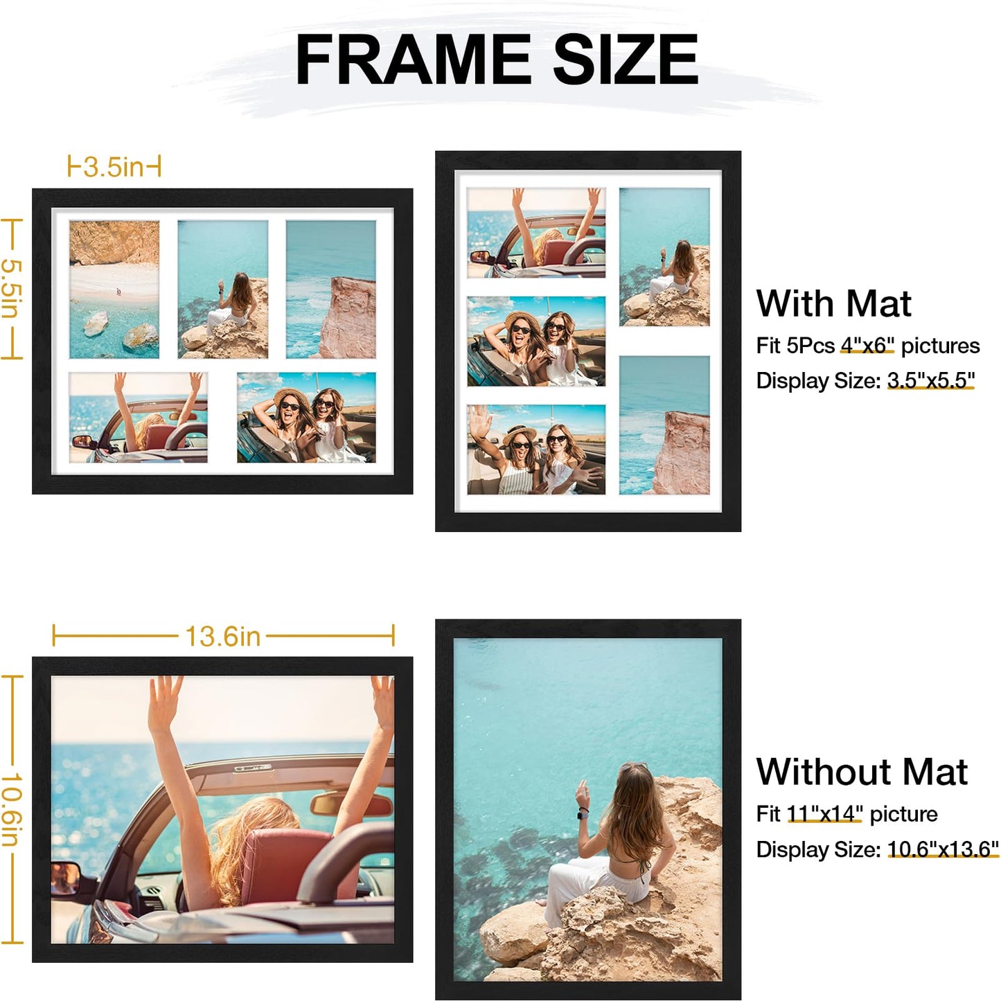 Vittanly 11x14 Collage Picture Frame, Displays 5Pcs 4x6 Pictures with Mat or 1Pcs 11x14 without Mat for Wall Mounting, Picture Frames Collage Wall Decor in Black, 1 Pack