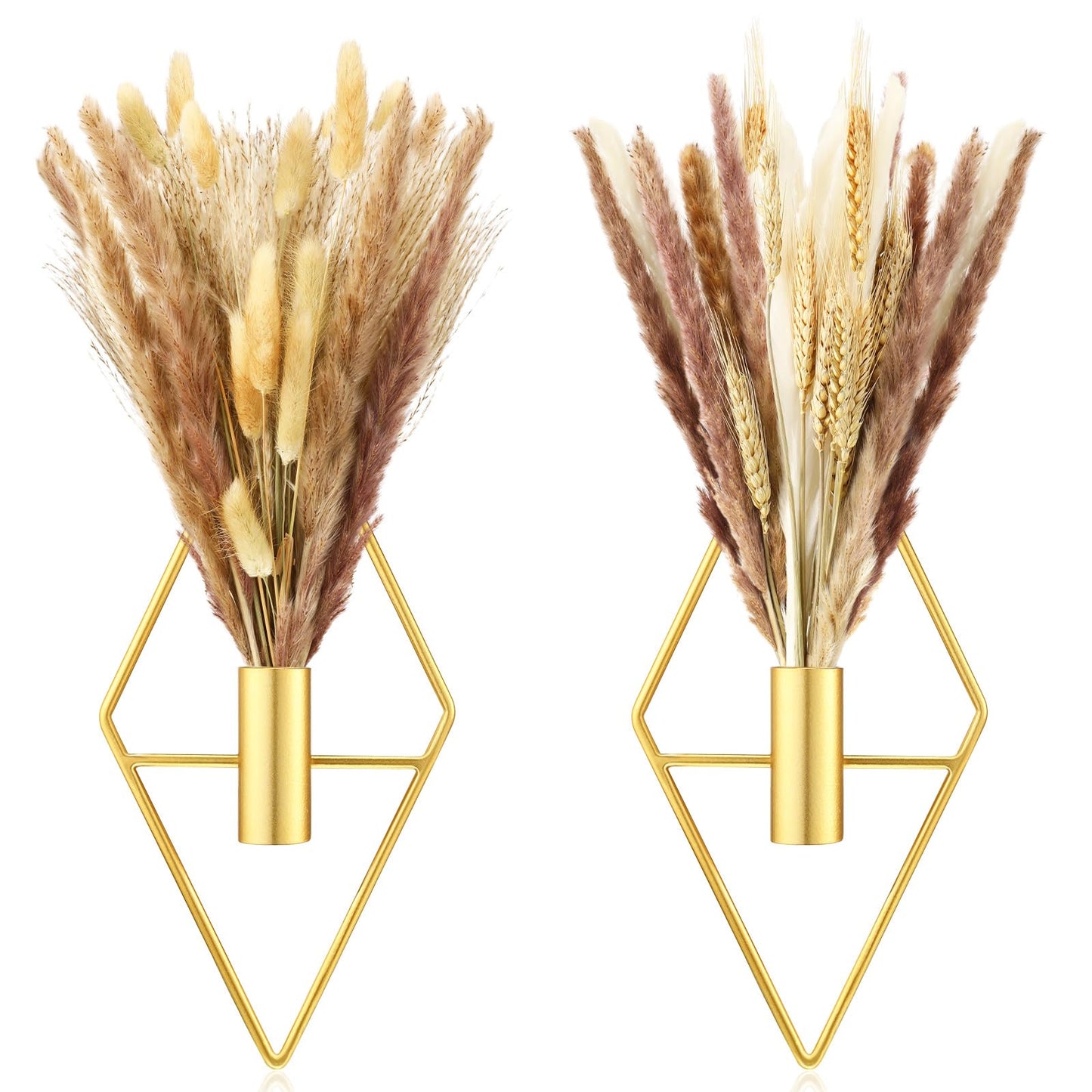 Peryiter 2 Pcs Small Boho Wall Decor Hanging Planters with Artificial Pampas Metal Wall Art Modern Home Decor Display Art for Bedroom Bathroom Living Room(Gold)