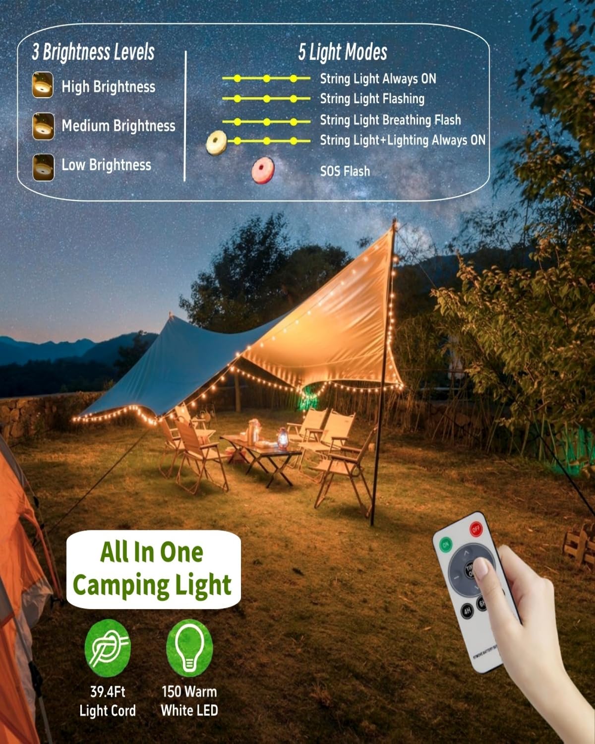 Solar Camping String Lights, 39.4 FT Fairy String Light, 4 in 1 Portable Waterproof Camp LED Lamp with 8 Lighting Modes, Hanging Rechargeable Tent Lantern for Outdoor Garden Patio Party Essentials