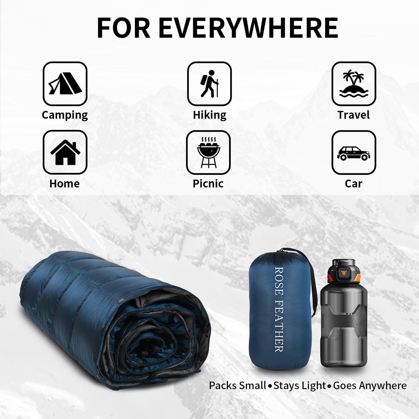 ROSE FEATHER Down Camping Blanket, Lightweight Outdoor Travel Blanket, Puffy Sleeping Bag Blanket, Waterproof Packable Backpacking Quilt for Camping,Travel, Airplane,Hiking,Picnic, 55''x79'' (Blue)