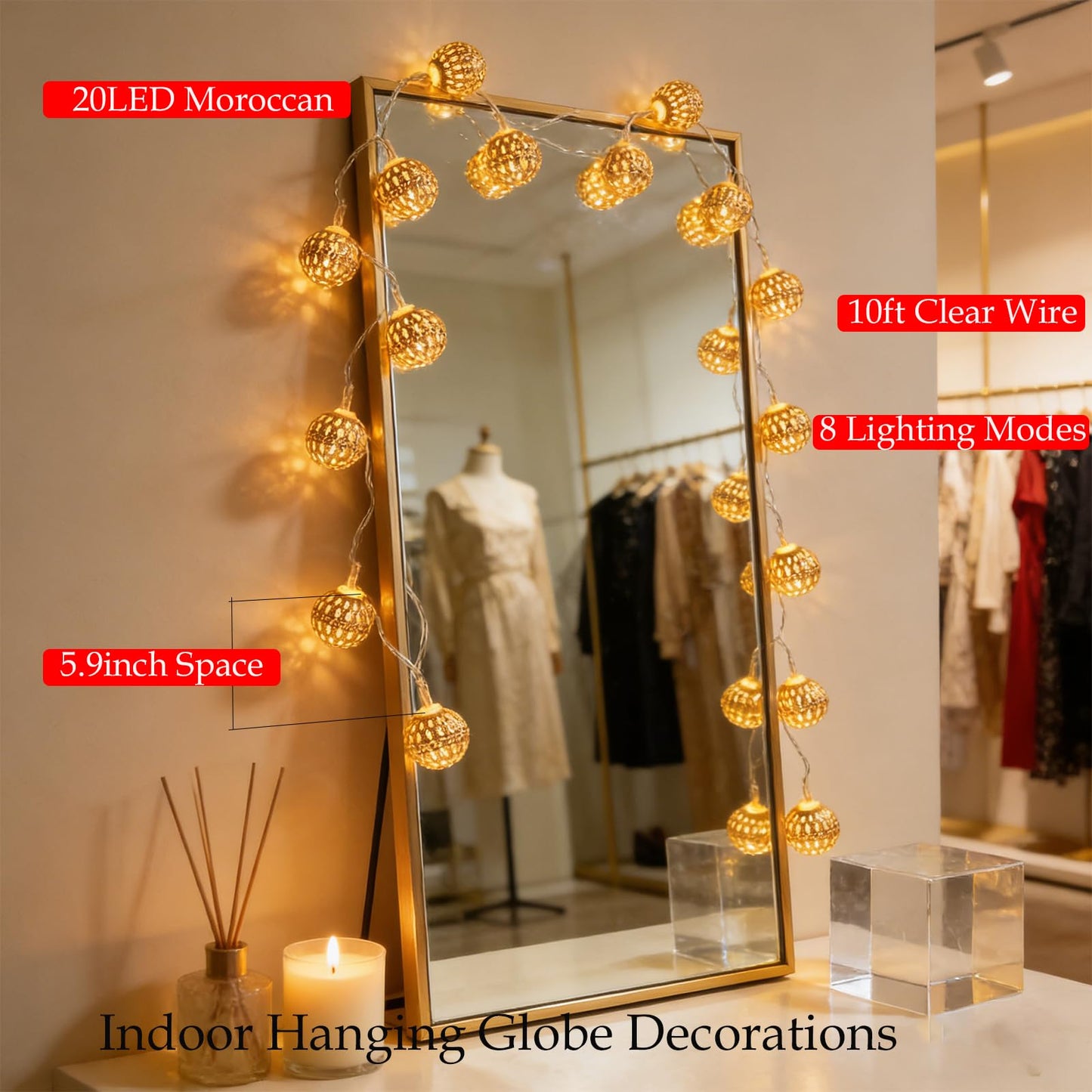 USB & Battery Operated Fairy Moroccan String Lights for Home Bedroom Decor, 9.8ft 20 LED Decorative Metal Gold Globe Lanterns 8 Modes Diwali Decoration for Christmas Birthday Boho Party (Warm White)