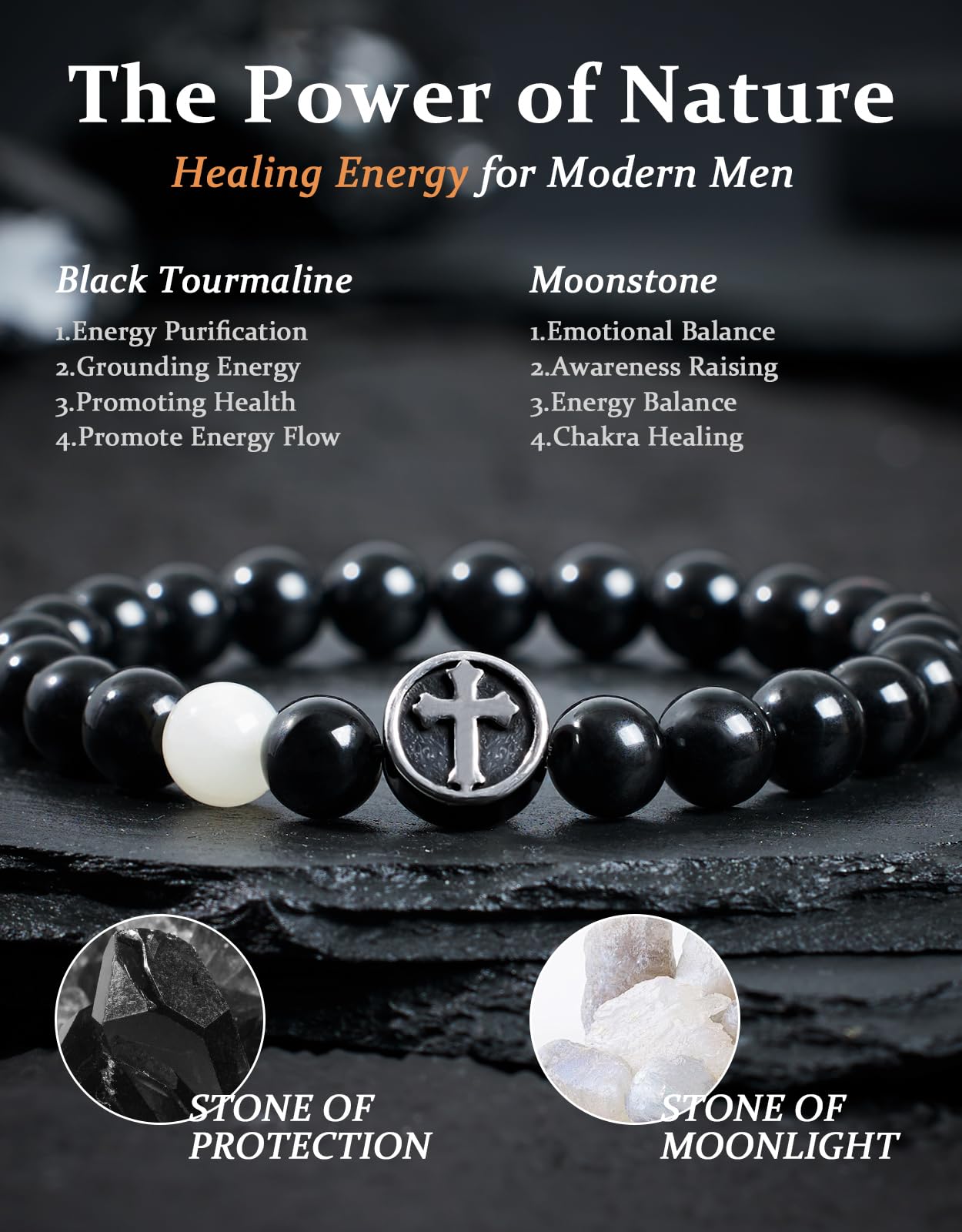 Landorilo Gifts for Men, 8mm Cross Natural Stone Beaded Bracelets, Black Tourmaline Healing Bracelet, Handmade Mens Jewelry Gift for Him, Husband, Son, Father, Friend(Happy Birthday-7.5in)