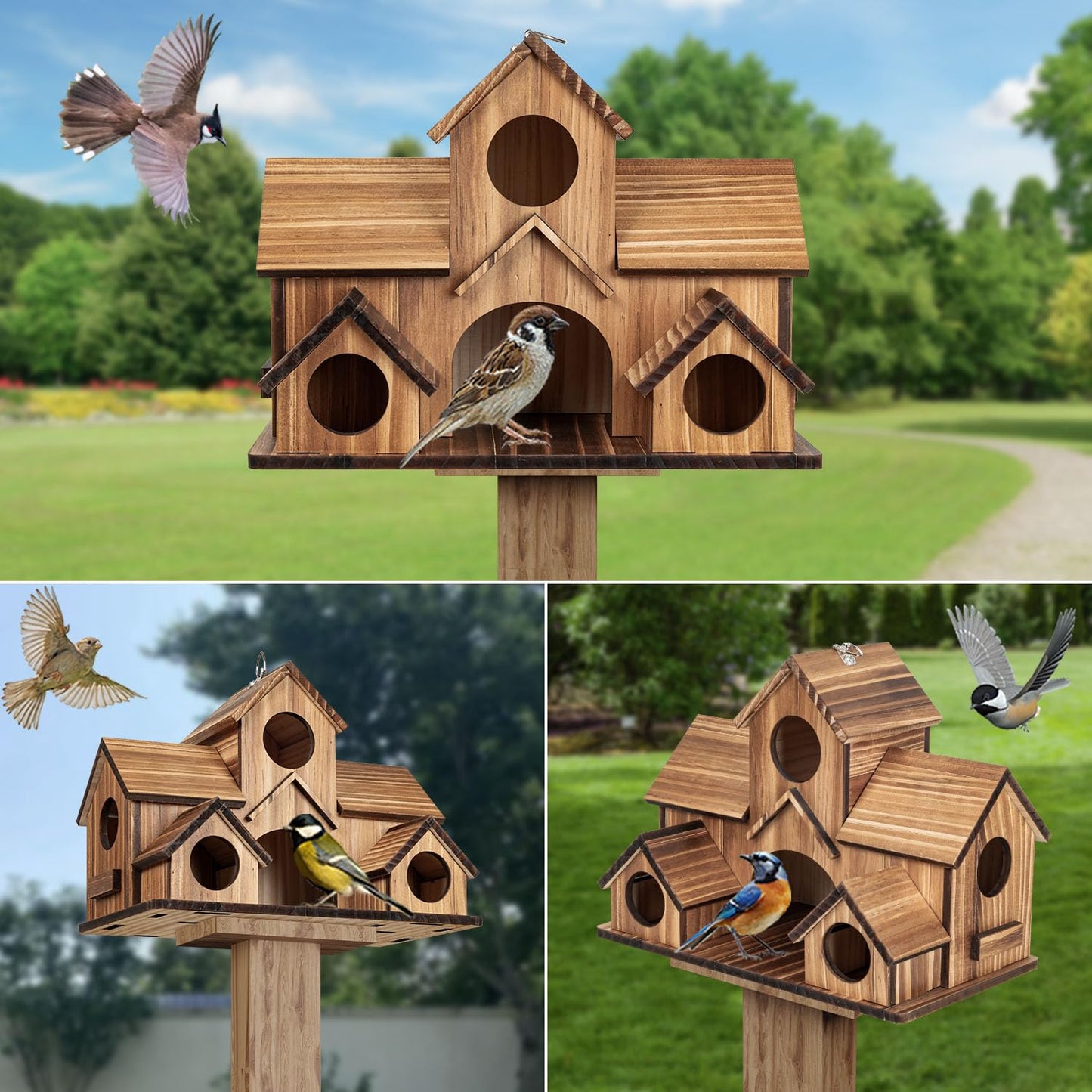 GLOPHOK Bird Houses for Outside, 5-Hole Wooden Birdhouse for Bluebirds Finch Swallow Wren Chickadee Hummingbird, Hanging Bird House for Outdoor Clearance Garden Courtyard