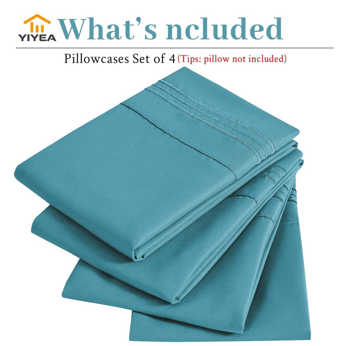 YIYEA Pillow Cases Standard Size Set of 4, Ultra Soft 1800TC Hotel Quality Double Brushed Microfiber Embroidered Pillowcases, Envelope Closure, Fade Resistant (20"x26", Teal)