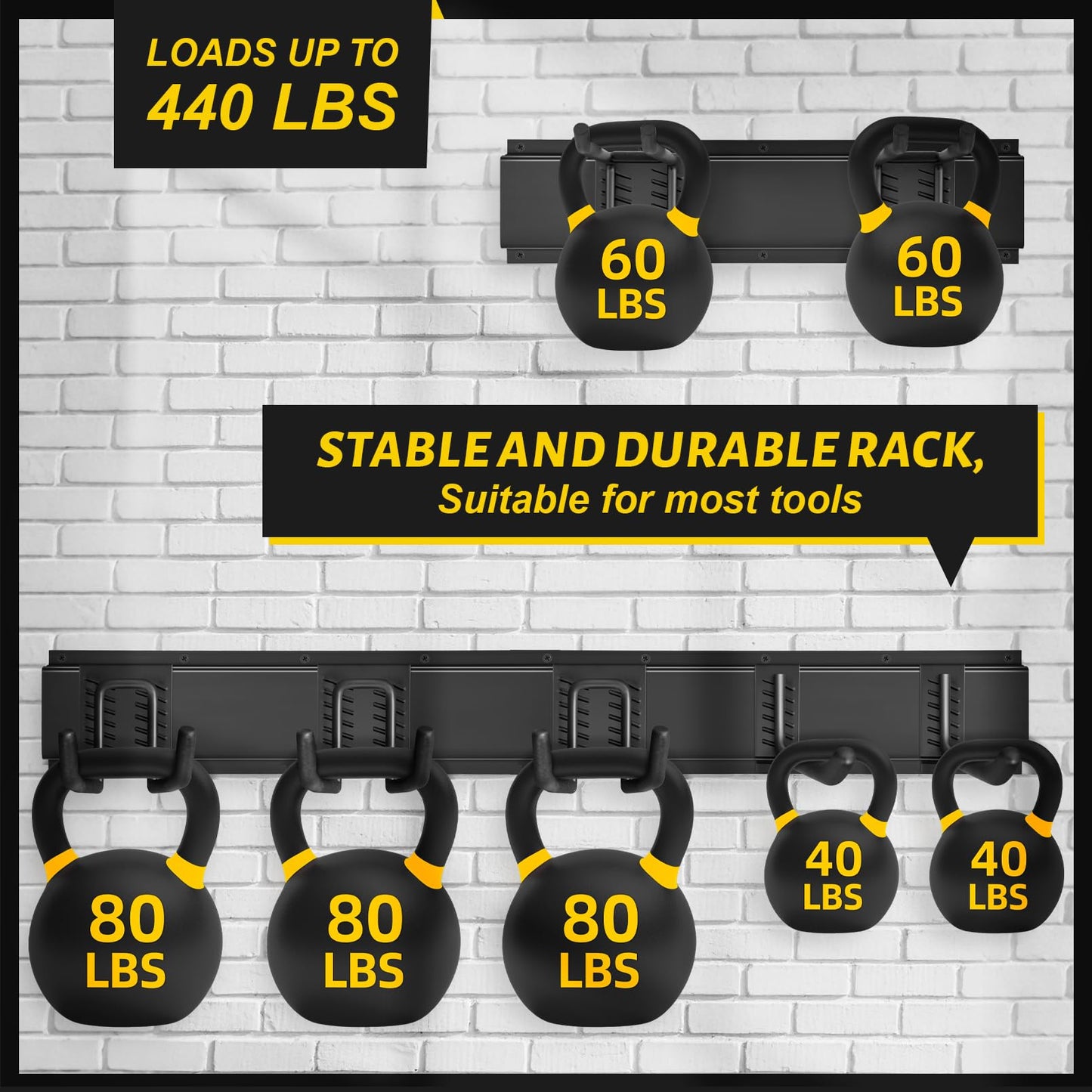 Garage Tool Organizer Wall Mount, 48 Inches Garden Garage Storage Organizer with Adjustable Hooks, Metal Garage Storage Rack Max Loading 440lbs, Tool Holder for Hanging Rake Broom Mop Snowboard