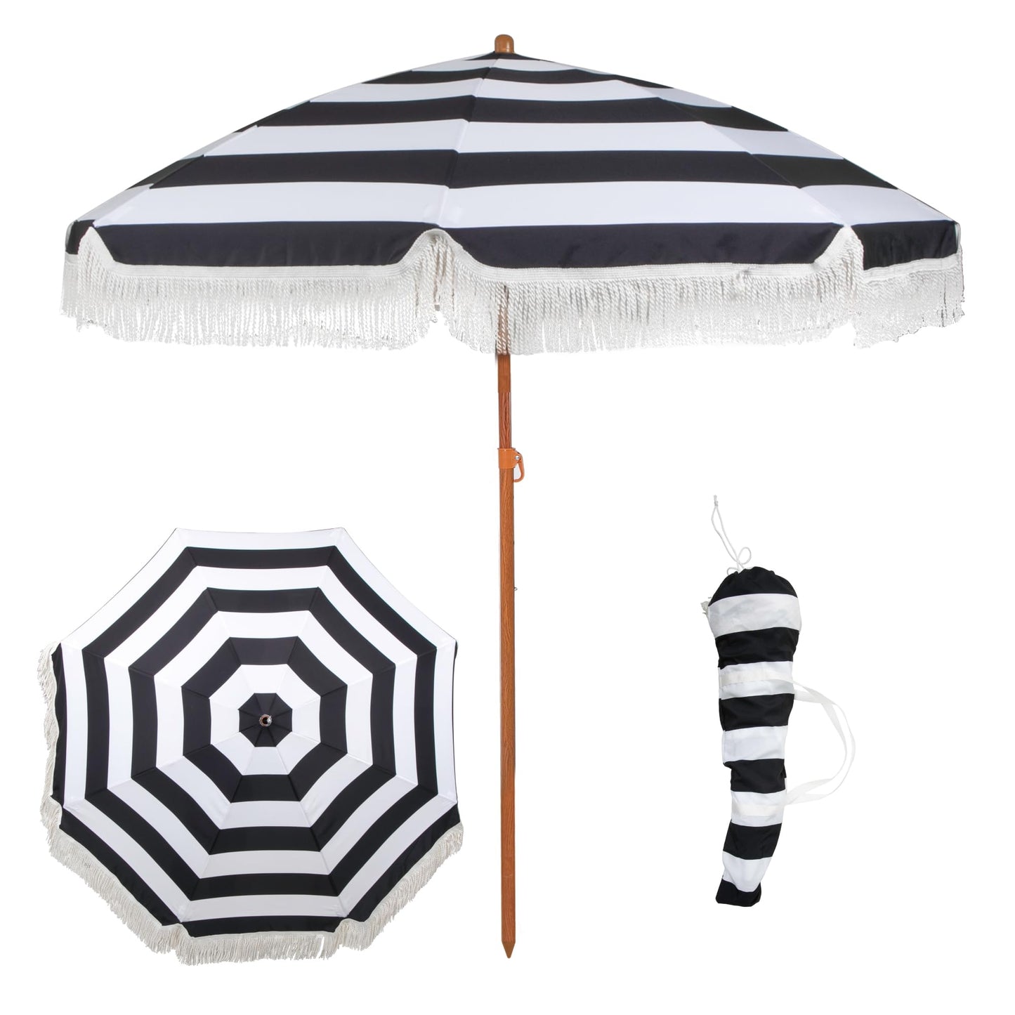 Punchau 6 Ft Fringe Patio Umbrella - Outdoor Umbrella for Patio, Pool, Table, Garden, Deck, & Beach - Push Button Tilt Pole - Fashionable Boho Vintage Tassels & Wood Print - Black & White