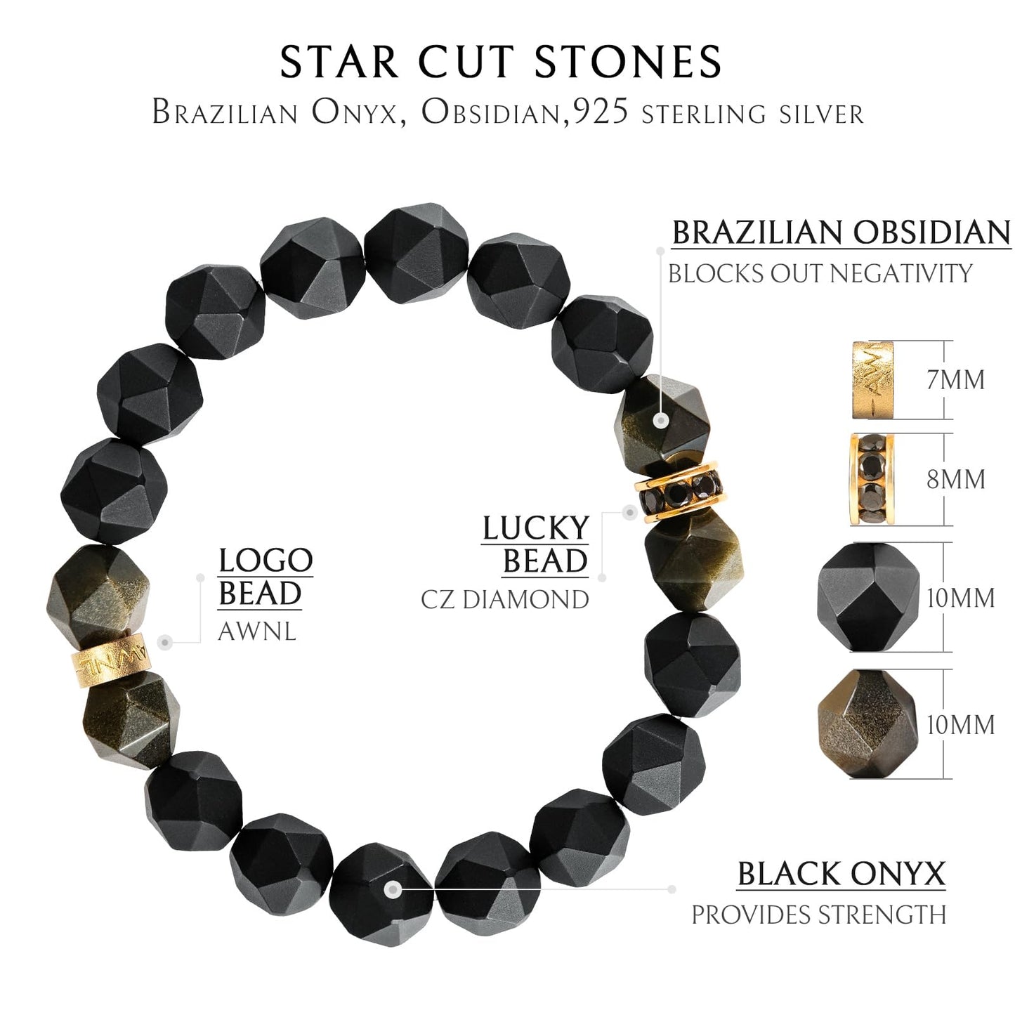 AWNL Men’s 10mm Beaded Bracelet with Onyx Obsidian Bracelet Energy Healing Double Protection Chakra Black Bracelet for Men with Lucky Charms, 6.3'' - 6.7''