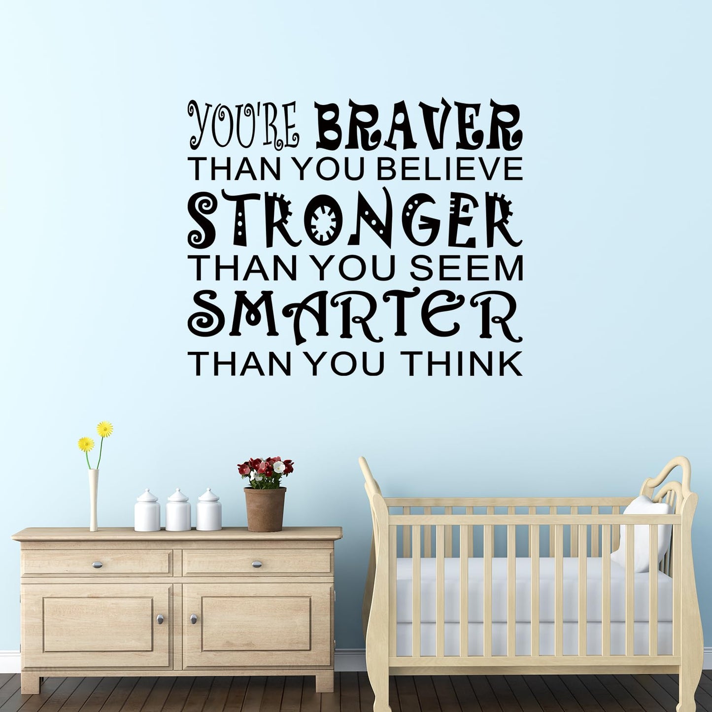 Kids Quotes Wall Stickers for Classroom: Girls Boys Teen Motivational Positive Inspirational Vinyl Art Wall Decals for Playroom School Bedroom - You're Braver Than You Believe Stronger 18" X 15"