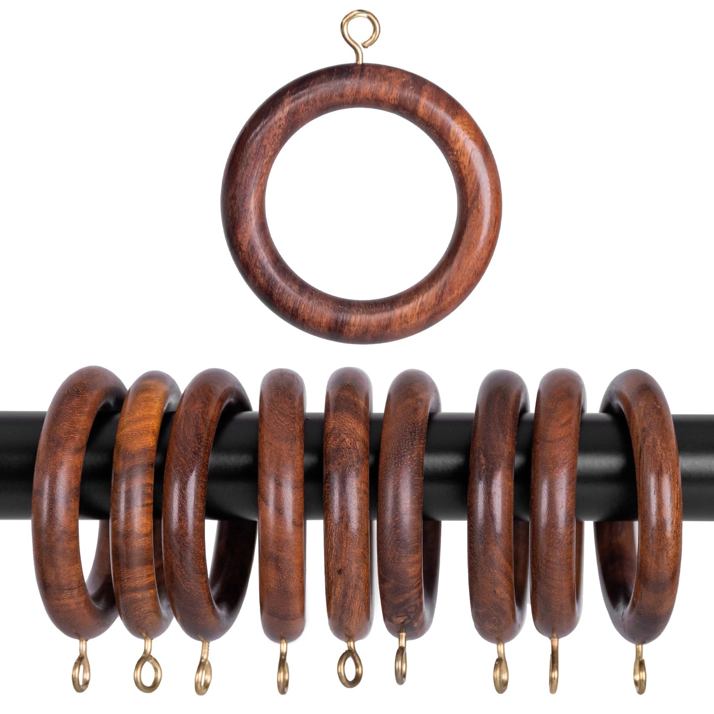 INANOSA 48 Pcs Handcrafted Natural Rose Wood Curtain Rings with Hooks – 3.5" Outer, 2.7" Inner Diameter – Smooth Wooden Drapery Rings for Rod with Metal Hooks