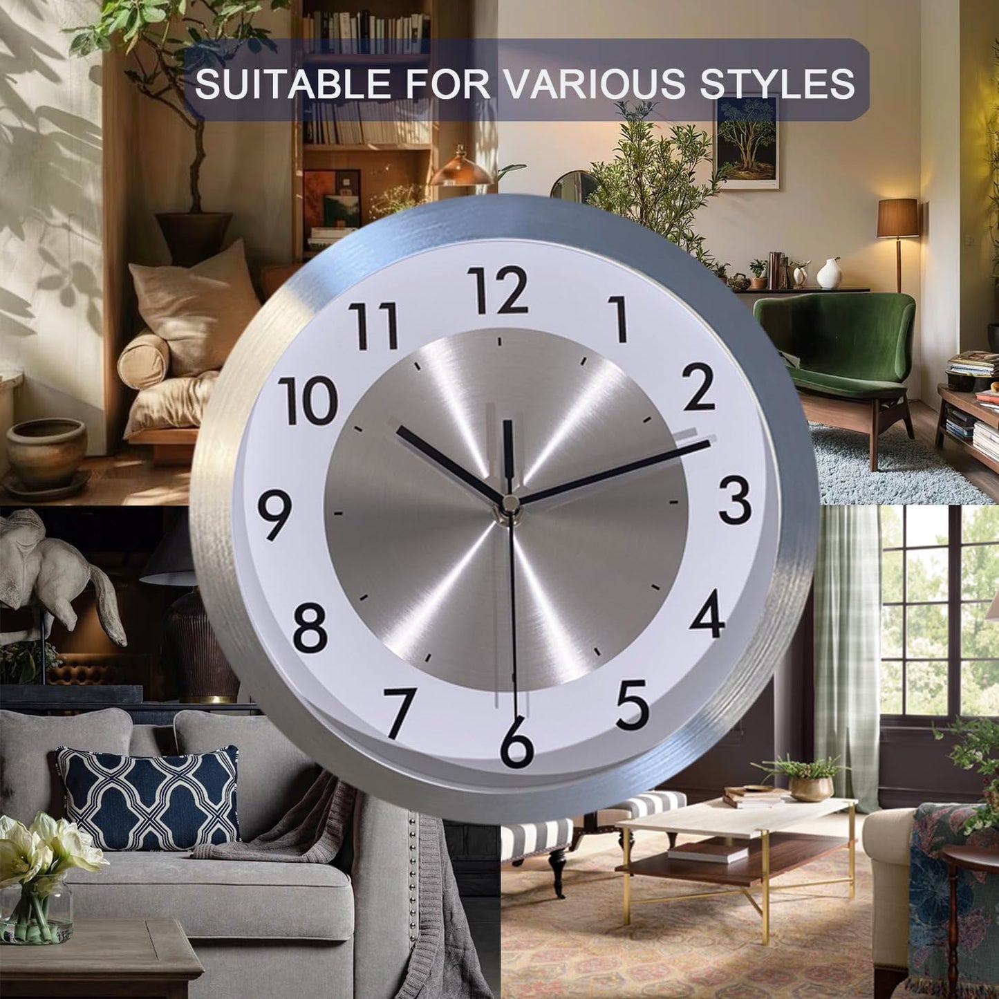 Fzy.bstim Non Ticking Silent Wall Clock Decorative,Analog Metal Wall Clock Battery Operated,Bedroom/Living Room/Office/Kitchen Clock,Sliver,10 inch